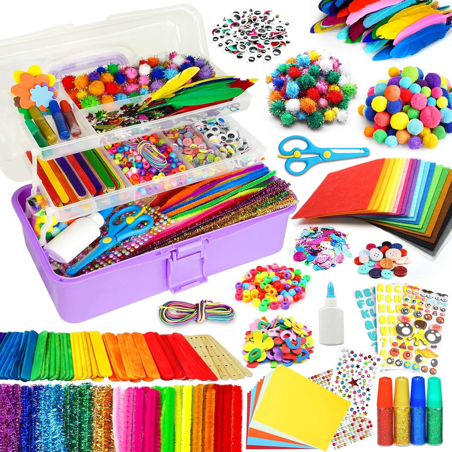 FUNZBO Arts and Crafts Supplies for Kids - Crafts Kits with Pipe Cleaners, Construction Paper, Pom poms, Googly Eyes, Crafts for Kids Ages 4-8, School Craft Projects,4 6 8 Birathday Gifts for Girls