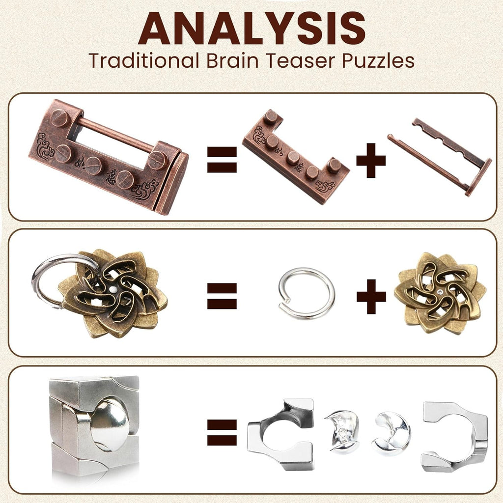 Wettarn 9 Pcs Metal Brain Teaser Puzzles Teaser 3D Steel Puzzle for Adults Unlock Interlocking Games IQ Education Smart Logic Test Toys for Adults Mind Challenge(Educational Style)