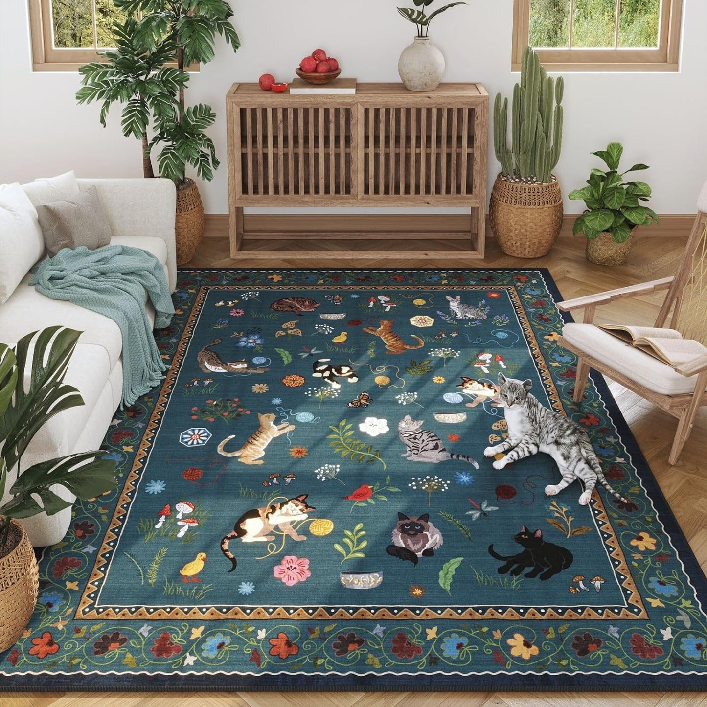 Rugcomf Living Room Rug 5x7 Rug Machine Washable Boho Area Rug Non Slip Floral Animal Cat Vintage Low Pile Large Rugs for Living Room Bedroom Farmhouse Dining Room Kids Playroom, Pearl Gentian Blue
