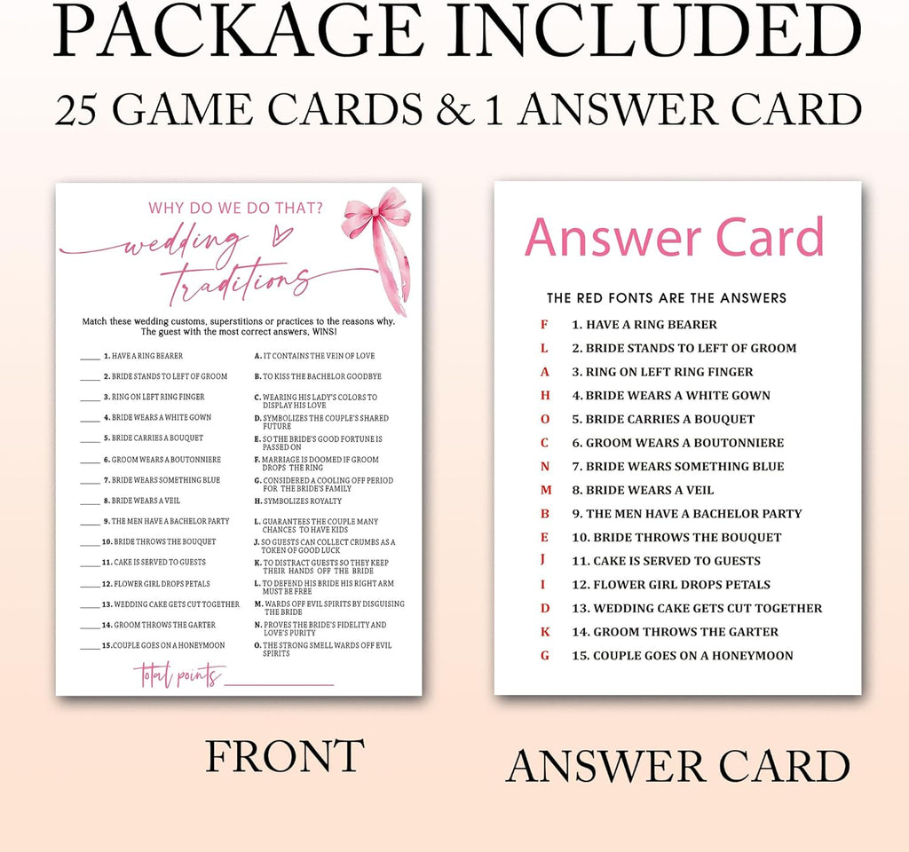 Bridal Shower Games Cards, Wedding Traditions Why Do We Do That, 25 Cards with 1 Answer Card, Engagement Party Games for Guests, Pink Ribbon Bow Wedding Party Supplies - E08