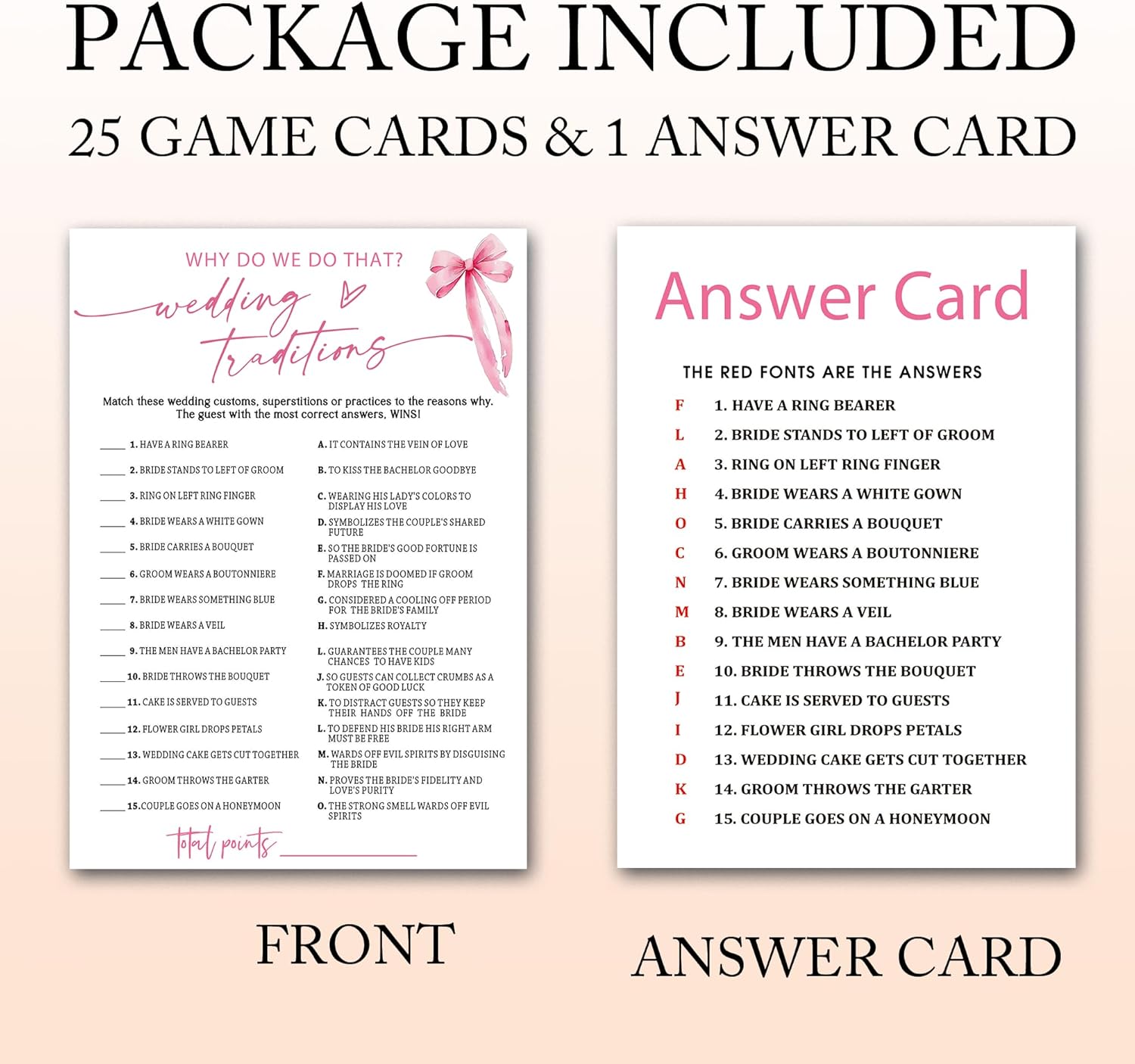Bridal Shower Games Cards, Wedding Traditions Why Do We Do That, 25 Cards with 1 Answer Card, Engagement Party Games for Guests, Pink Ribbon Bow Wedding Party Supplies - E08