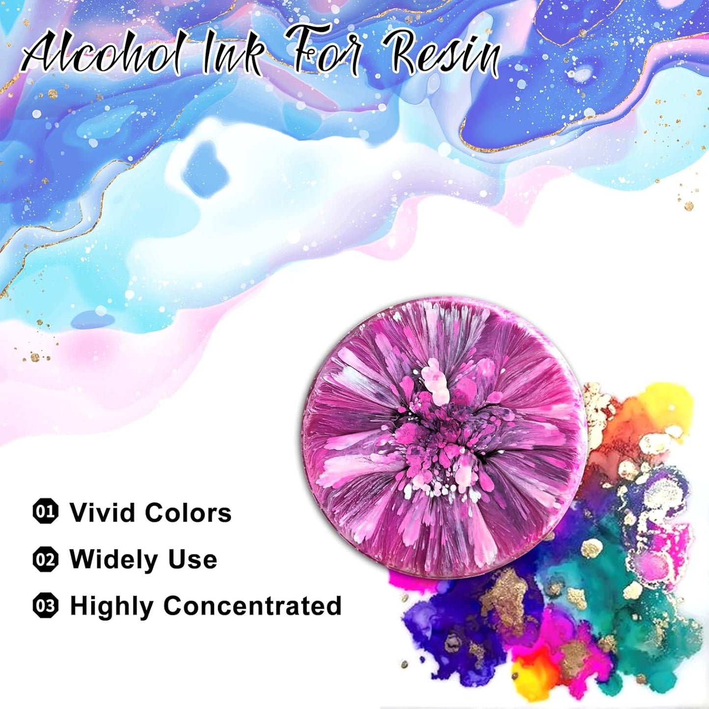 FansArriche Alcohol Inks for Resin, 64 Colors High Concentrated Alcohol Ink Set for Epoxy Resin, Alcohol-Based Resin Ink for Coasters, Fluid Painting Crafts, Tumbler Making, 10 ml Each