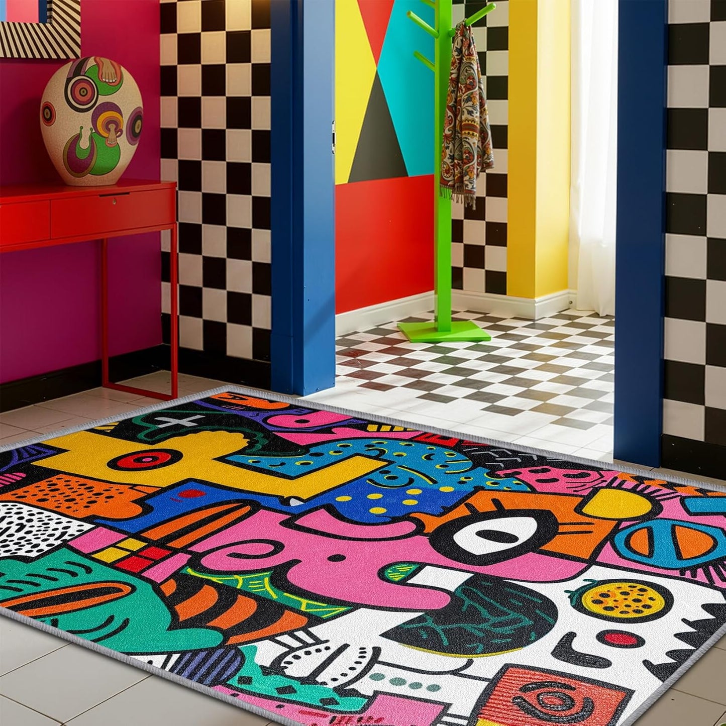 Abstract Rug 5x7-6x8 Rug - Abstract Rug - Colorful Pop Art Area Rug - Modern Geometric Graffiti Rugs - Multicolor Artistic Carpet - Home Decor