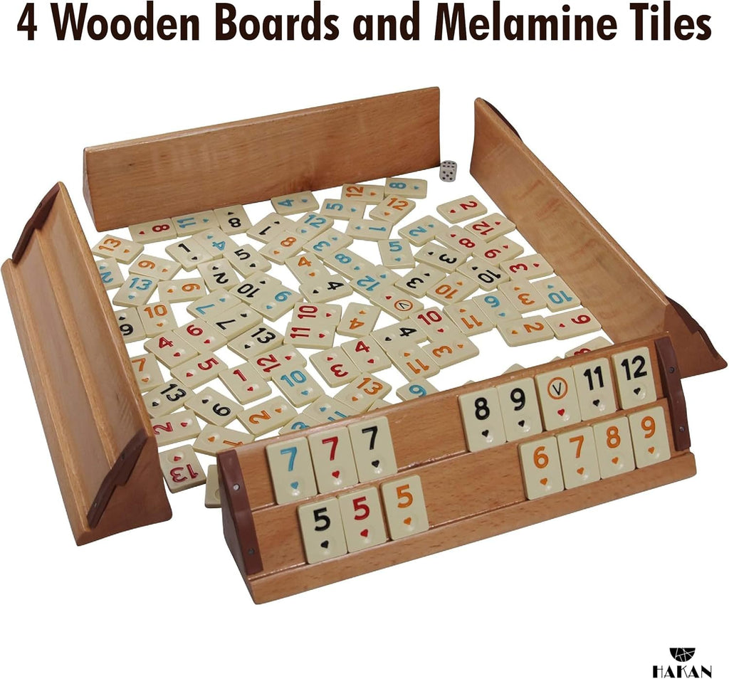 Hakan Turkish Okey Game Rummy Cube Game Rummy Cube Set with 4 Straight Wooden Racks Tile Holder and 106 Melamine Tiles Stones in Pouch