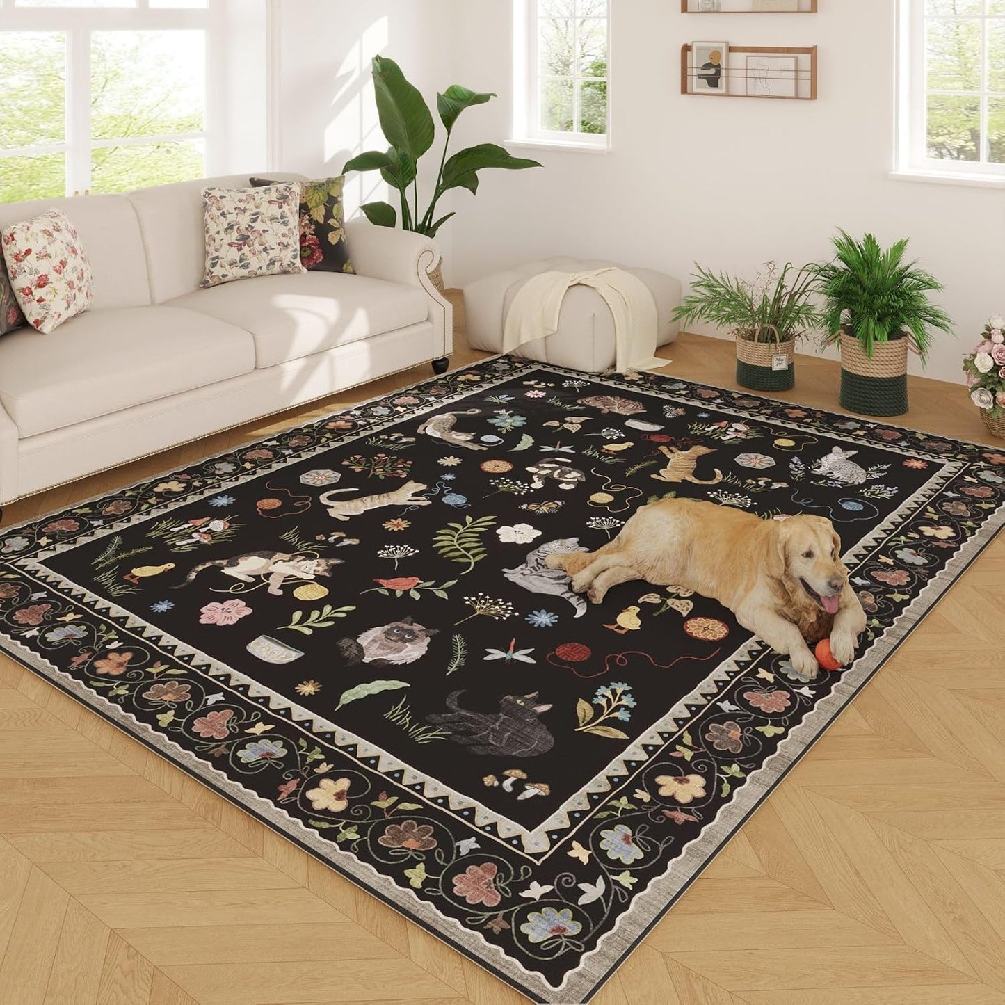 Rugcomf Living Room Rug 6x9 Rug Machine Washable Boho Area Rug Non Slip Floral Animal Cat Vintage Low Pile Large Rug for Living Room Bedroom Farmhouse Dining Room Kids Playroom, Black