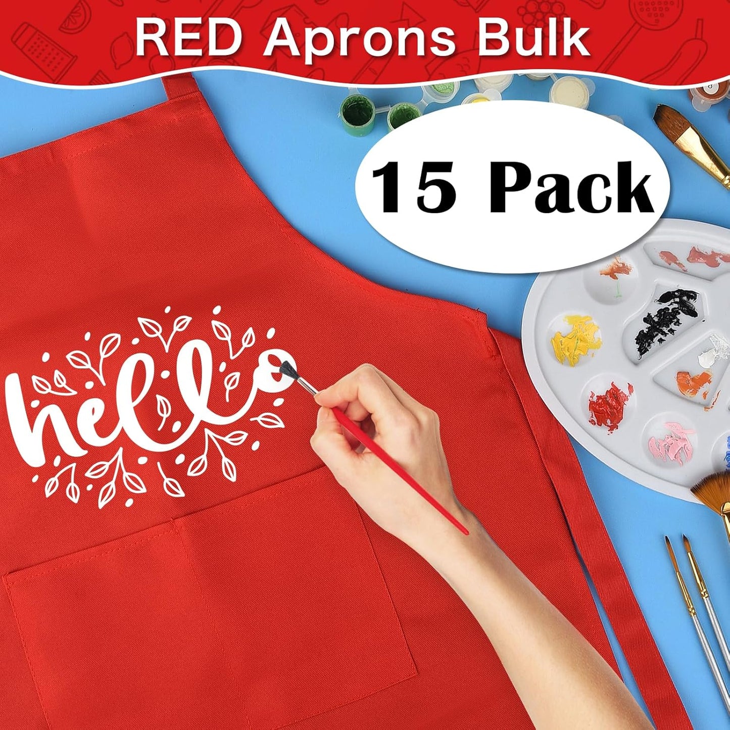 PLULON 10 Pcs Aprons for Kids Adjustable Kids Red Apron Bulk with Pocket Painting Aprons For Boys Girls Painting Cooking Baking (Red)