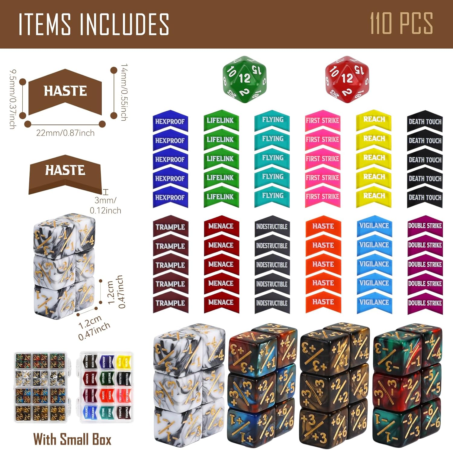 110PCS MTG Tokens & 12mm Magic Counter +1/+1 MTG Dice Set, Buff Ability Keywords Tokens Life Counters 6 Sided Dice, Compatible with Magic The Gatering CCG TCG Magic Card Game Accessories