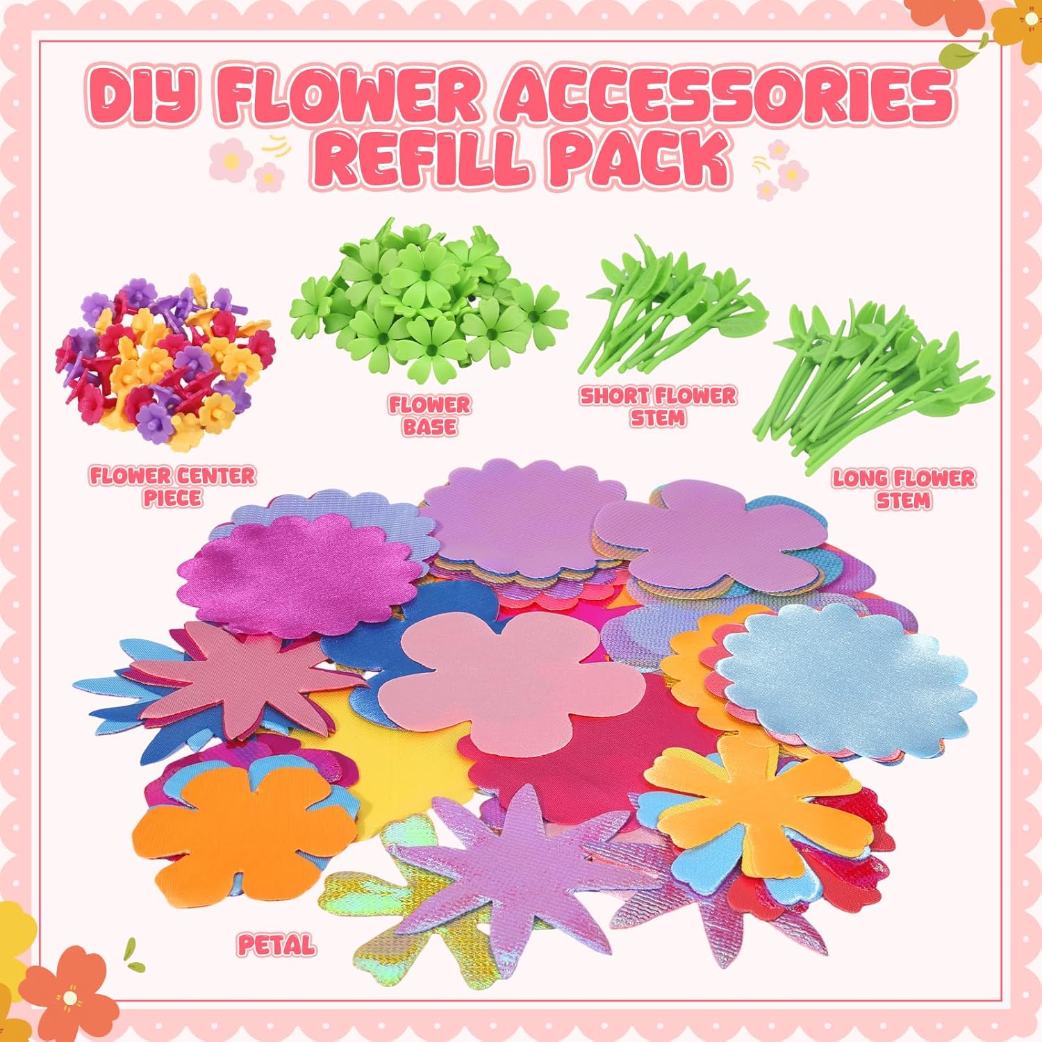 Crelloci DIY Flower Accessories Refill Pack for Kids – Fabric Petals and Flower Parts to Mix & Match – Craft Supply Kit for Making Colorful Bouquet Gifts – STEM Art Toy for Girls Ages 3+