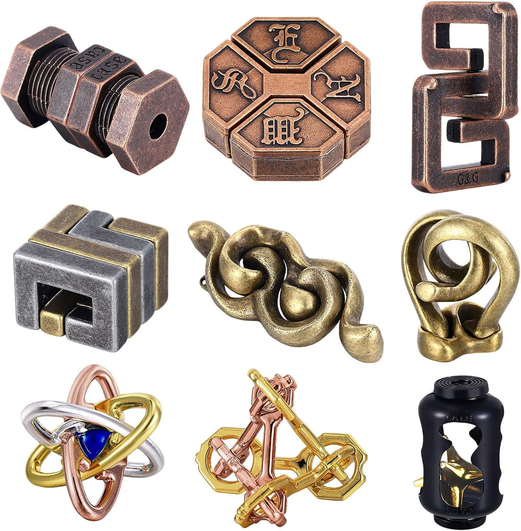 Wettarn 9 Pcs Metal Brain Teaser Puzzles Teaser 3D Steel Puzzle for Adults Unlock Interlocking Games IQ Education Smart Logic Test Toys for Adults Mind Challenge(Adorable Style)
