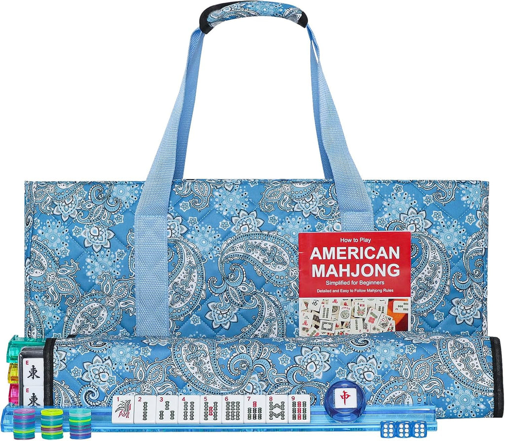 American Mahjong Game Set, 166 Quality White Tiles, 4 All-in-One Color Rack/Pushers, Mahjong Tile Set with Light Blue Printed Carrying Bag
