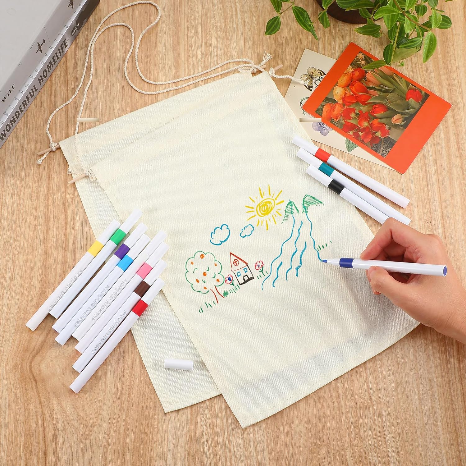 Mindsoft 48 Pcs Blank Canvas Banner Bulk Color Your Own Vertical Banner with Hanger with 12 Colorful Fabric Markers Pens Wall Display Banners for DIY 24 Students Paint Art Classroom School Camp Party