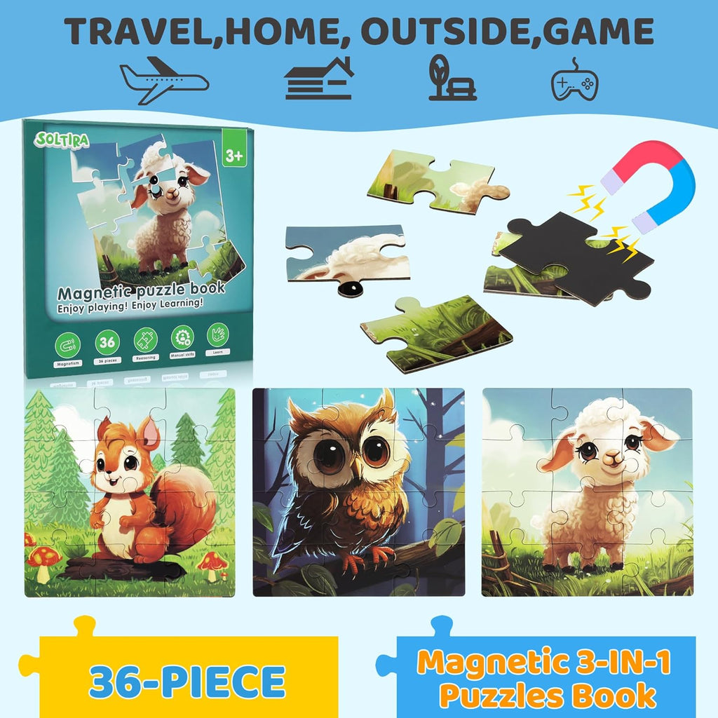 Puzzles for Kids Ages 3-5 36PCS-3 Animal Themes Magnetic Puzzles for Kids 4-6 Travel Puzzle for Airplane/Car/Road Trip/Gift Toys for 3 4 5 6 Year Old Girls and Boys