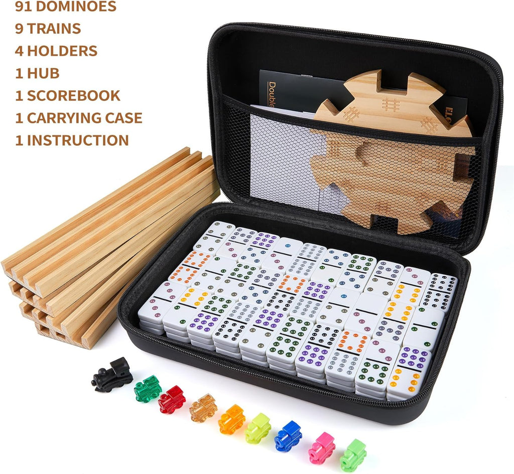 Mexican Train Double 12 Dominoes Set with 4 Wooden Trays/Racks in Portable Carrying Case Colorful 91 Tiles & 9 Trains Board Game for Family Game Night