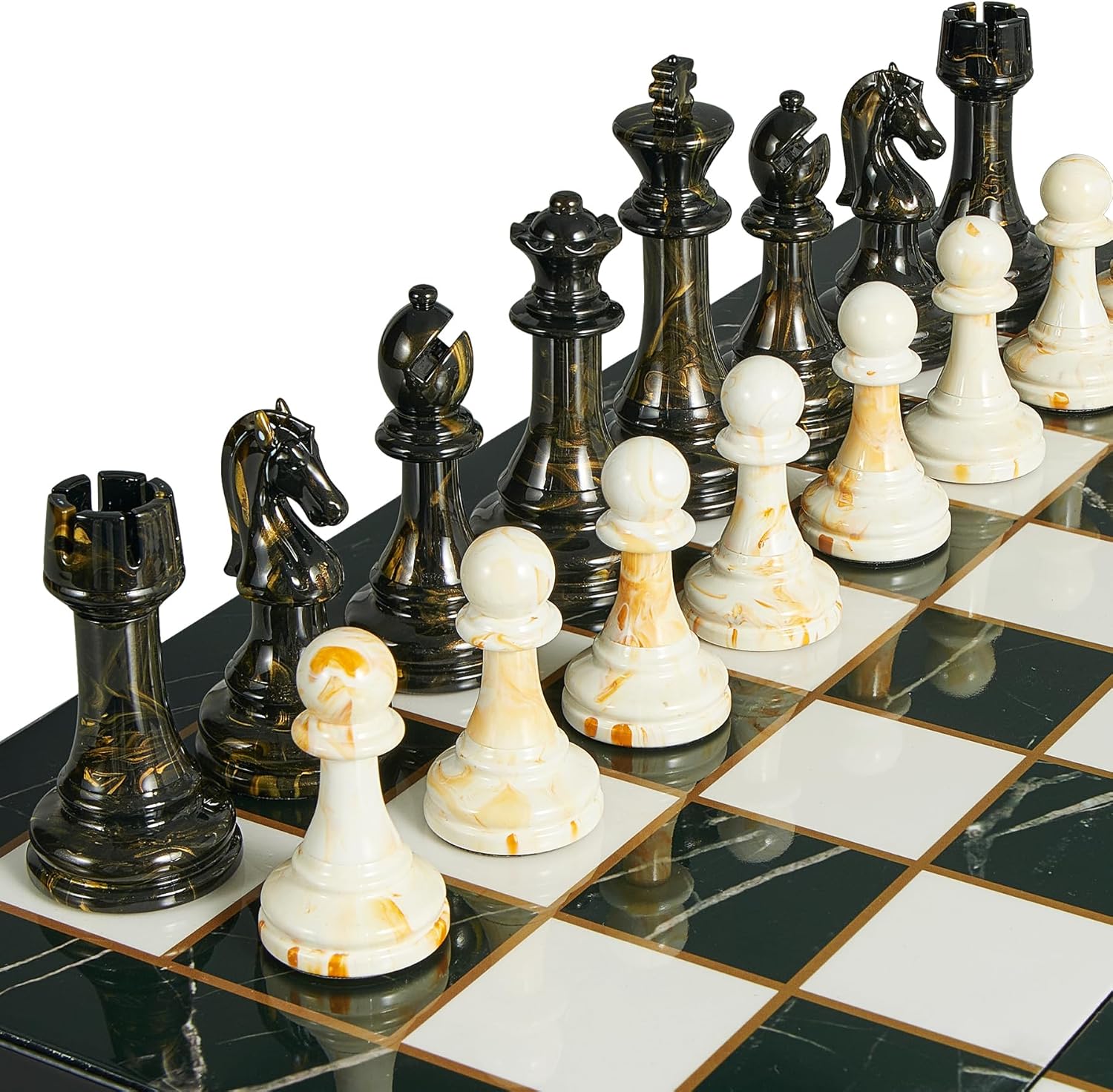15" Large Chess Set for Adults- Weighted Acrylic Pieces Including Extra 2 Queens, 3.5" King w/Leather Base, Portable Folding Marbling Wooden Chess Board - Travel/Family Game & Elegant Gift