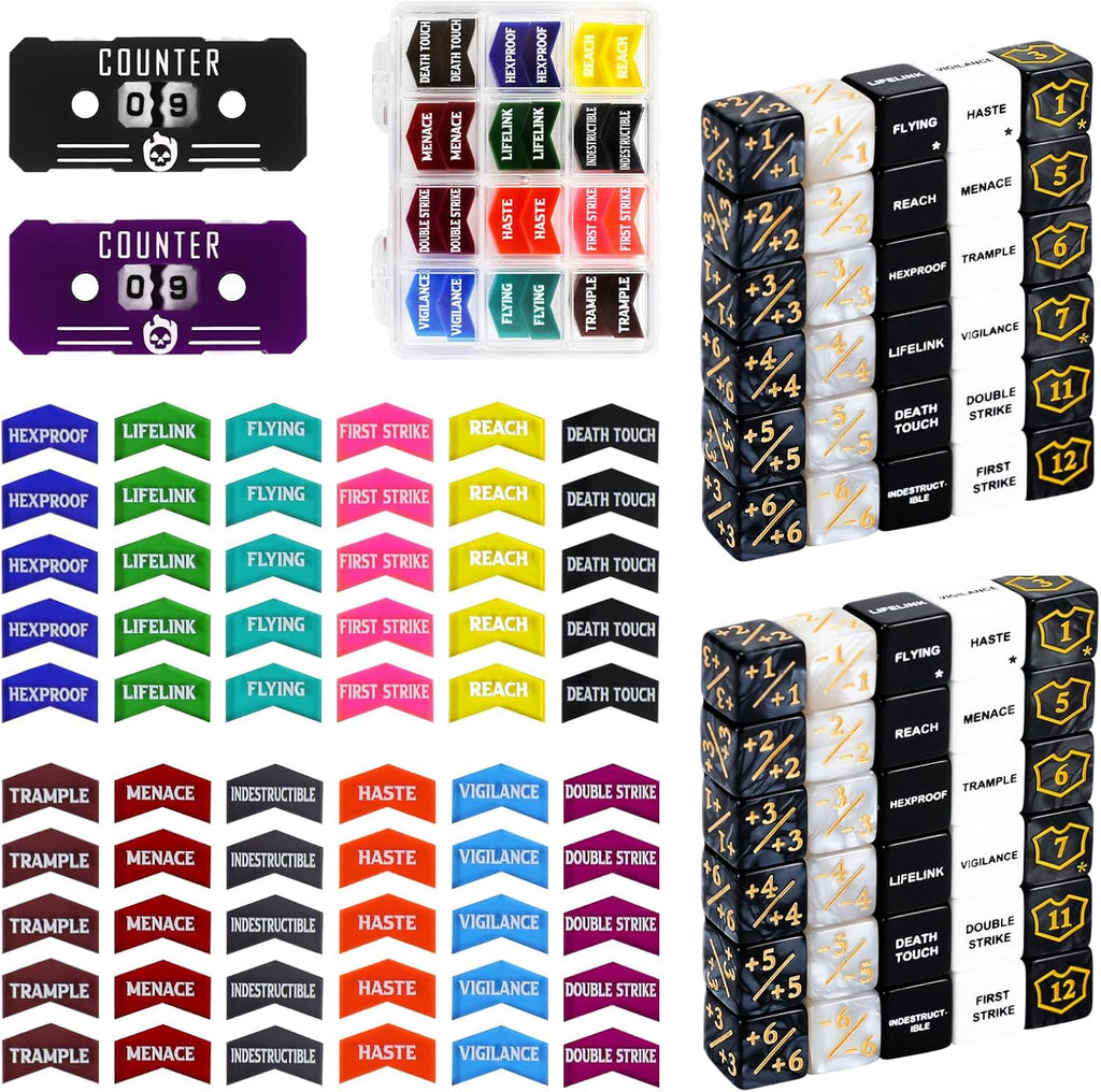 SIXPOINTS 122Pcs MTG Dice Counters Keyword Counters Life Counter 1/+1 counters Commander Buff Tokens 6 Sided Dice Set for Magic The Gathering, MTG, TCG, Card Games Accessories (A-122PCS/SET)