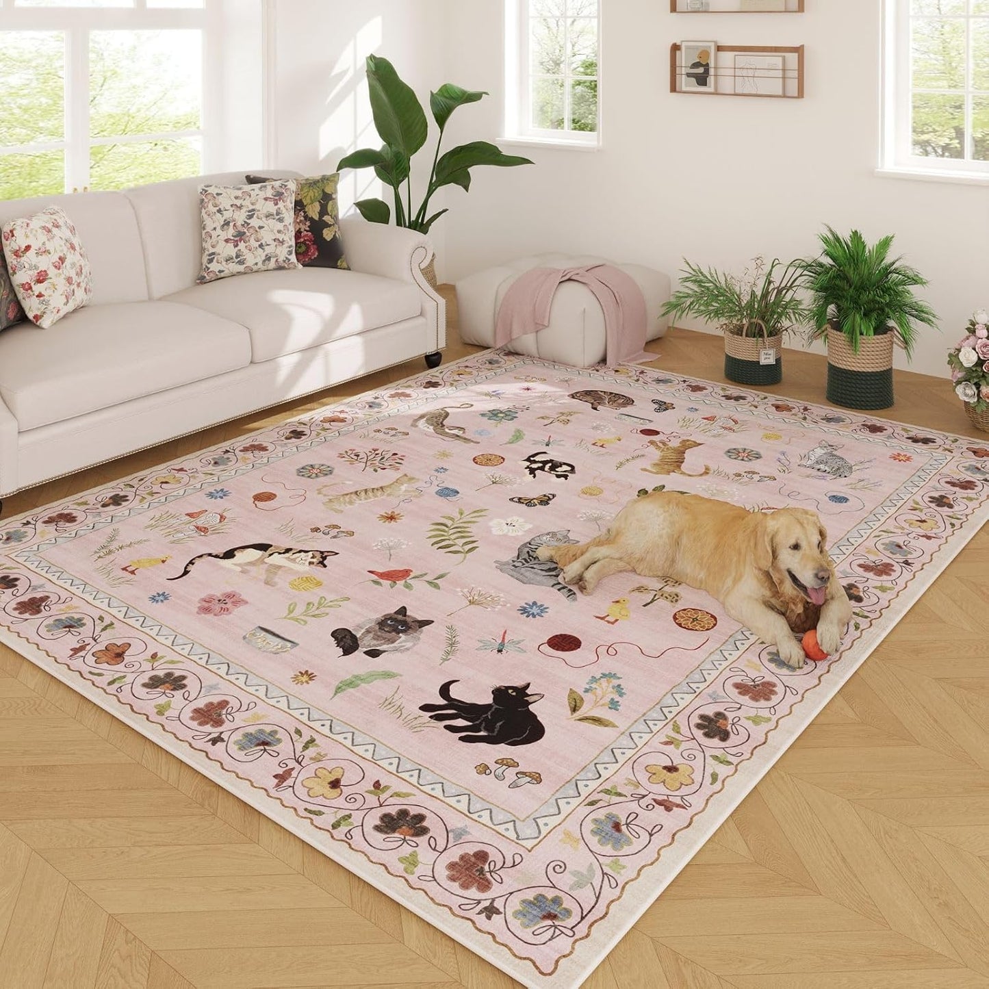 Rugcomf Living Room Rug 5x7 Rug Machine Washable Boho Area Rug Non Slip Floral Animal Cat Vintage Low Pile Large Rugs for Living Room Bedroom Farmhouse Dining Room Kids Playroom, Pink