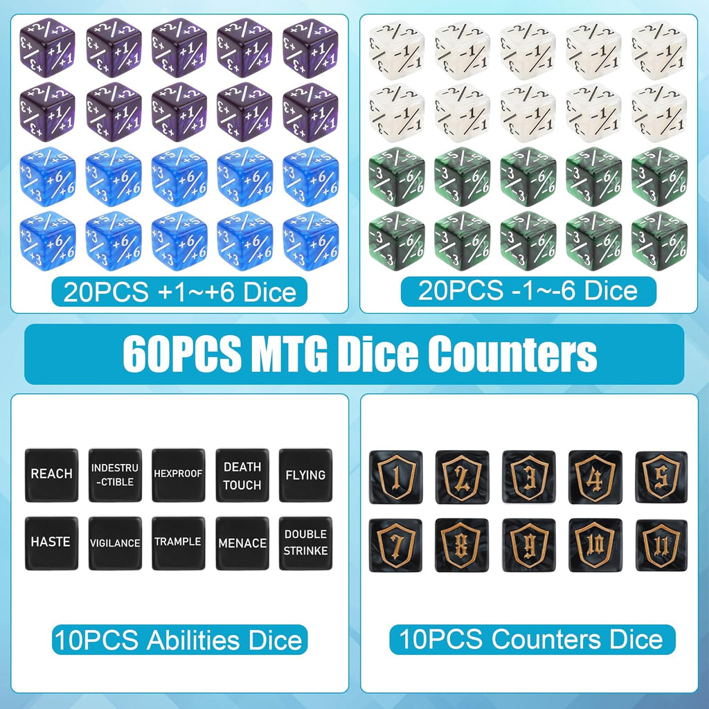 60PCS MTG Counters Set, Anglekai MTG Dice Counters for TCG Card Games, 10P Life Ability Keywords/ 40P -1/+1 Buff Tokens/ 10P Shield/Bag