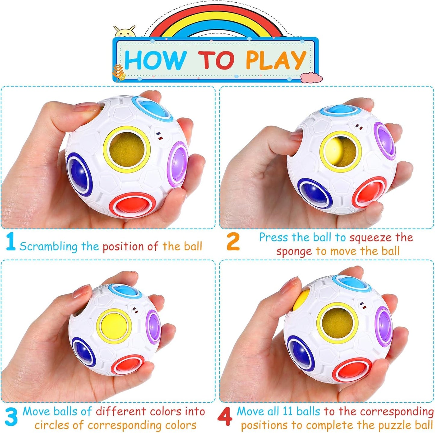 12 Pack Rainbow Puzzle Ball Magic With 2 Pcs Pouches Fidget Toy for Boys and Girls Speed Cube Funny Stress Reliever for Kids Teen and Adults (White, Blue)