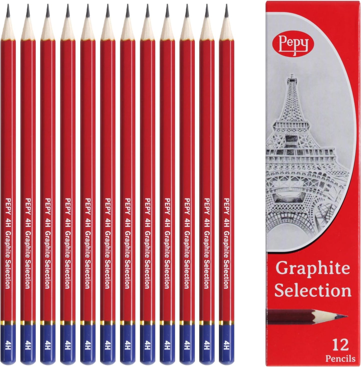 Pepy Graphite Professional Drawing Pencils - Set of 12 4H Pre-Sharpened Black Lead Pencils; Perfect for Drawing, Sketching and Shading, Graphic and Fine Art