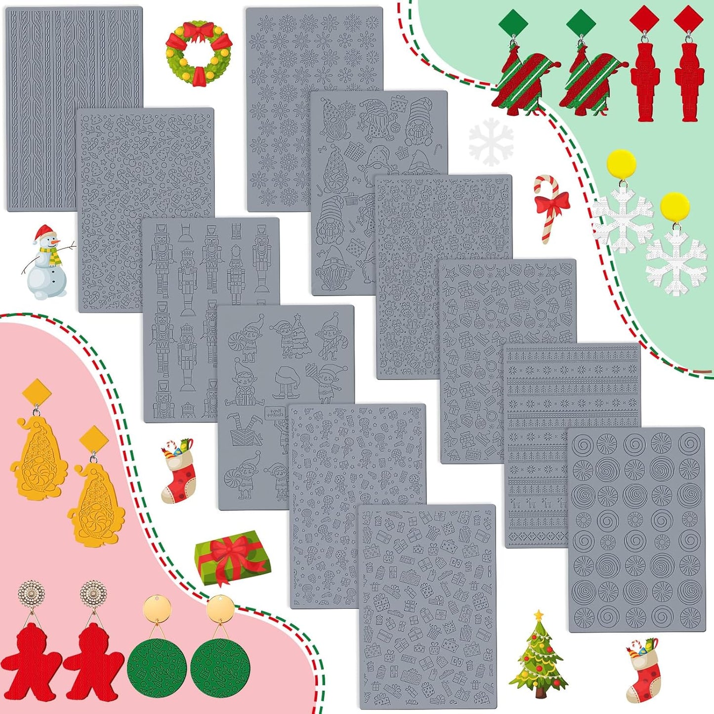 12 Pcs Christmas Polymer Clay Texture Sheets - Cute Texture Mat for Embossing, DIY Tools for Snowman Elf Clay Earring Jewelry Making