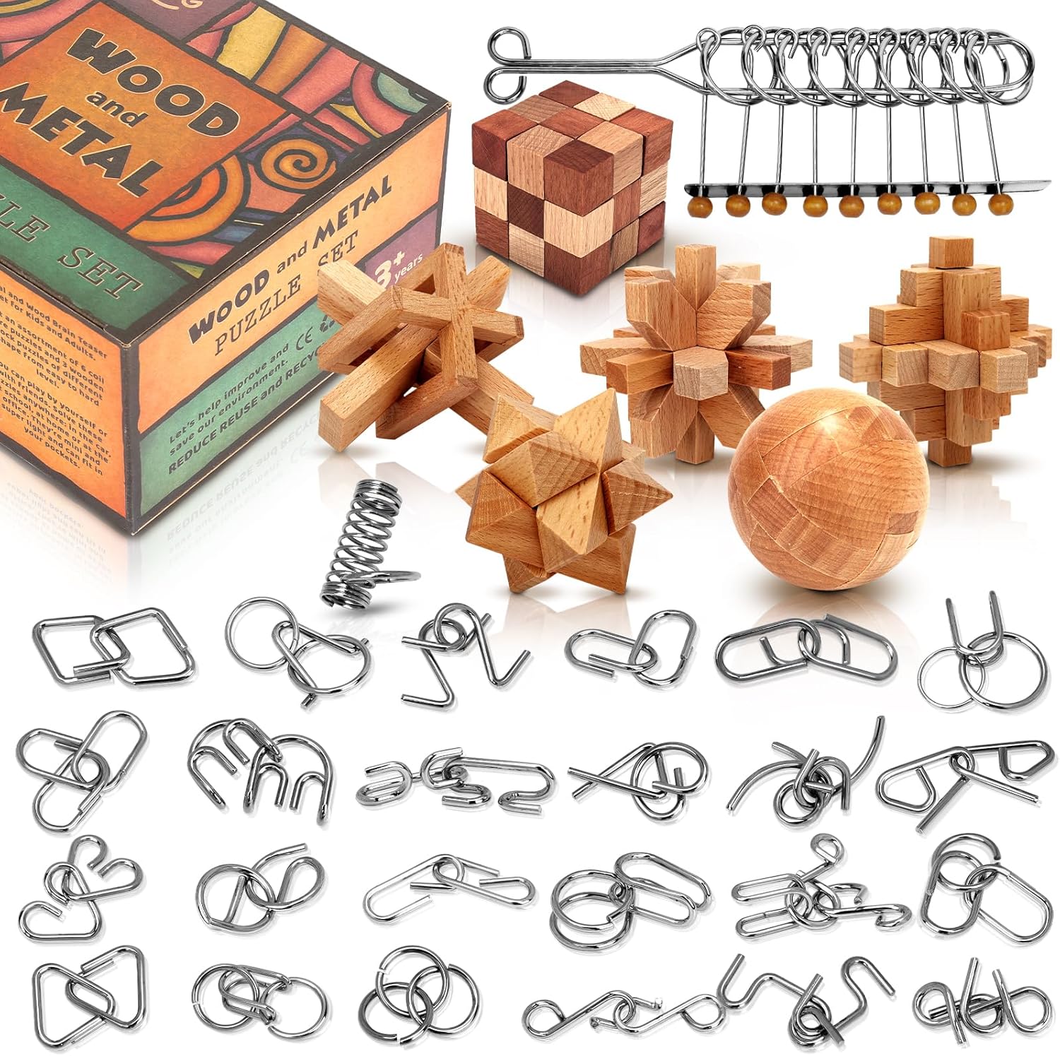 Brain Teaser Wooden Metal Puzzles - Stocking Stuffers Brain Teaser Disentanglement Iron Link Unlock Interlock Game Chinese Ring Magic Trick Toy for Party Favors Kids Adults Challenge 32pack