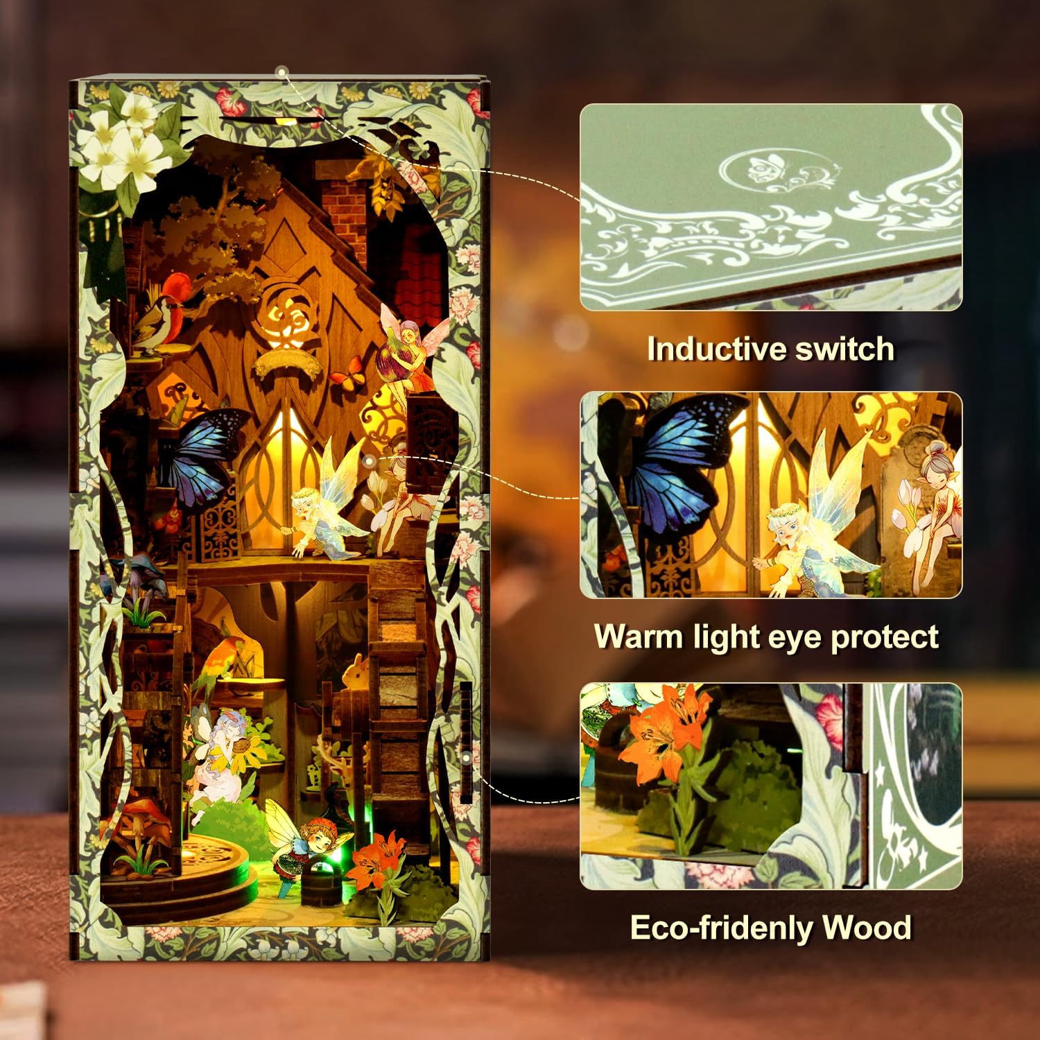 Book Nook Kit for Adult - THRIVINGIVAN Miniature Model Build Dollhouse Kit 3D Wooden Puzzle with Sensor Led Light for Bookshelf Bookend Insert Decor Adults Teen Crafts(Spirit)