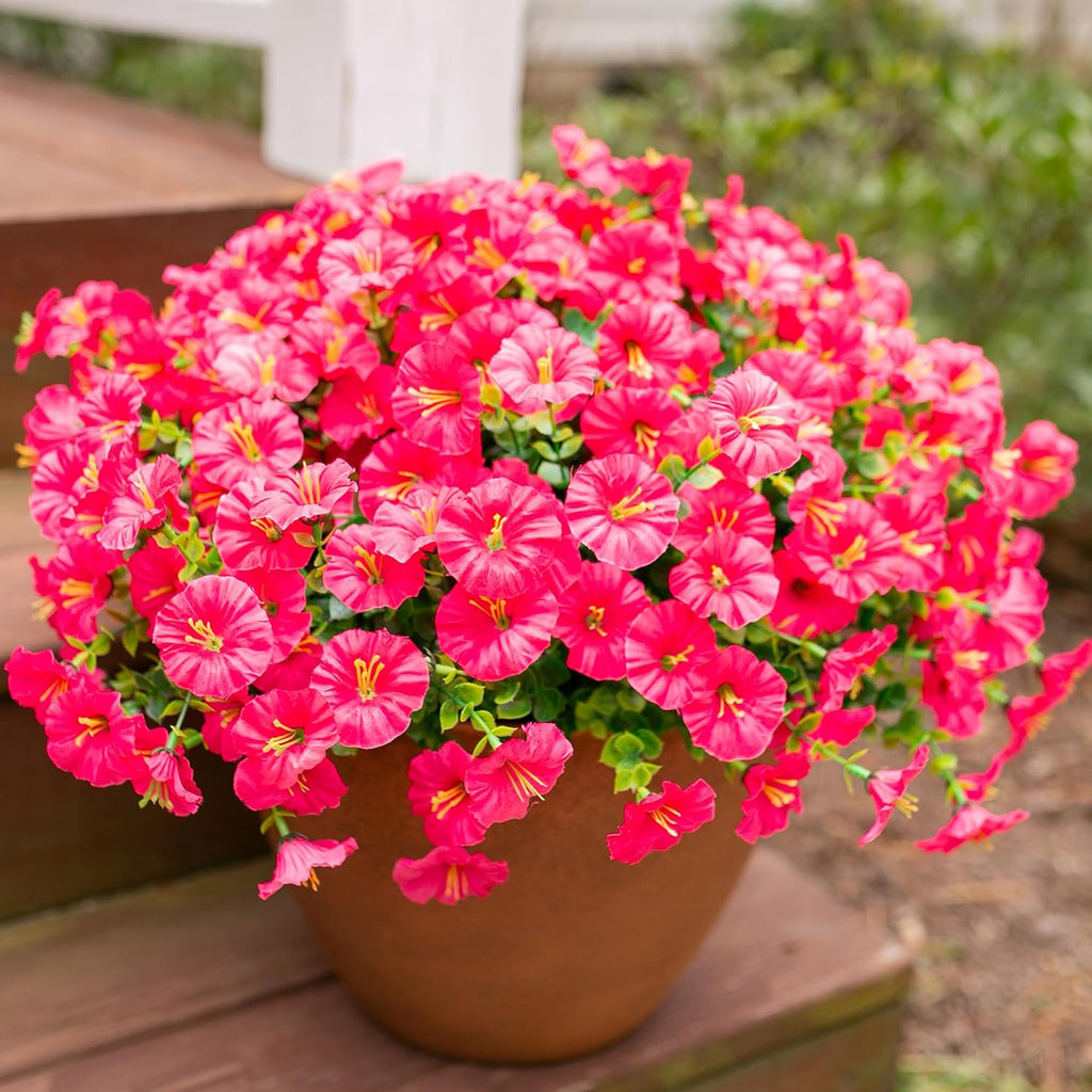 Fake Plants Artificial Flowers for Outdoor Outside Summer Decoration, 12 Bundles Faux Flowers Silk Hot Pink Morning Glory with Eucalyptus Look Real UV Resistant for Planter Front Door Porch Yard Patio