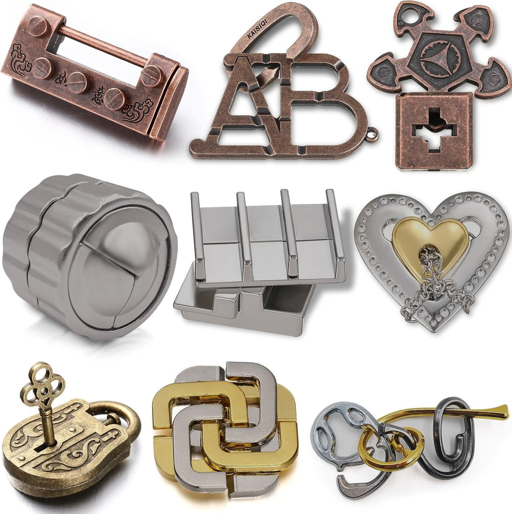 Wettarn 9 Pcs Metal Brain Teaser Puzzles Teaser 3D Steel Puzzle for Adults Unlock Interlocking Games IQ Education Smart Logic Test Toys for Adults Mind Challenge(Novelty Style)