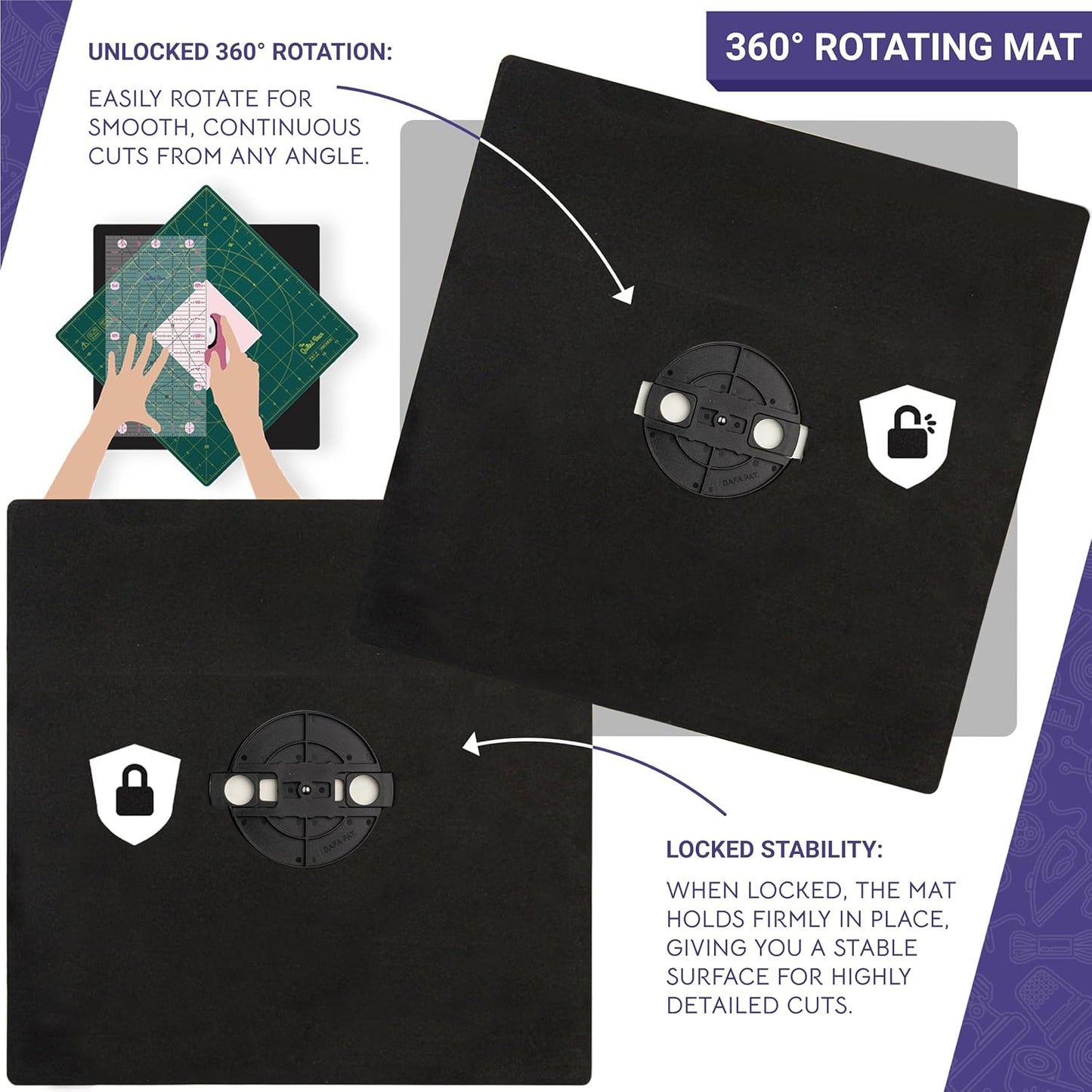 The Quilted Bear Rotating Cutting Mat 18" x 18" - Square 360° Rotating Self Healing Mat with Innovative Locking Mechanism for Quilting & Sewing Your Choice of Colours Available! (Pink)