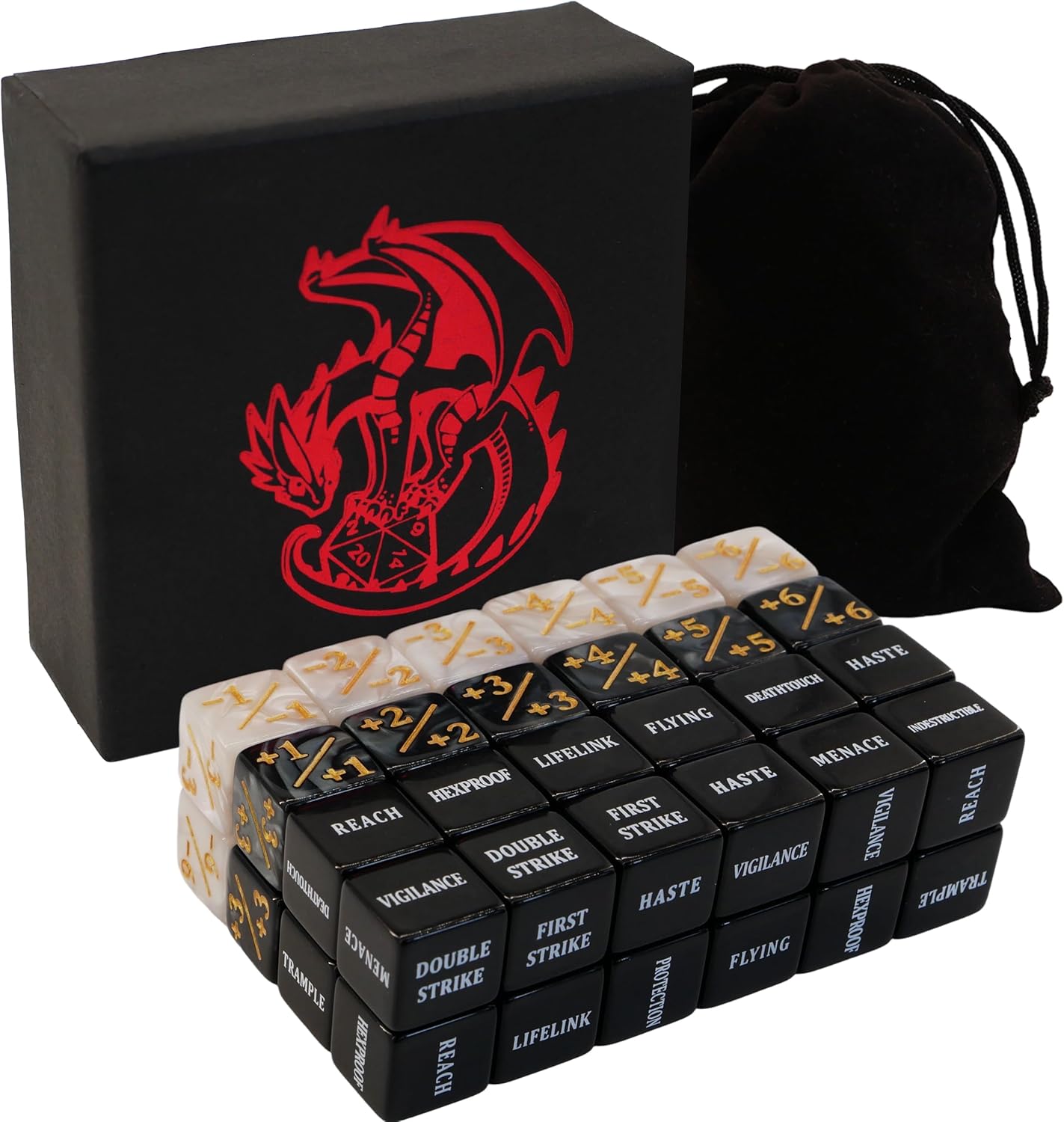 MTG dice Set with counters - 50 dice Including keyword, +1 to +6, -1 to -6 counters for Final Fantasy Magic The Gathering, Comes with Storage Box and Velvet Pouch(Text Version)