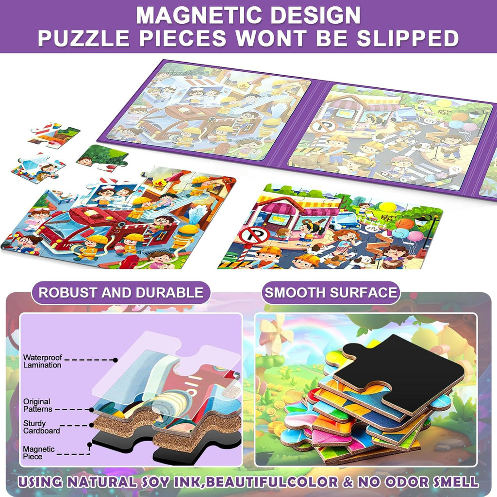 Magnetic Puzzles for Kids Ages 4-8, 3 in 1 Toddlers Cartoon Magnet Jigsaw Puzzle Book, Travel Toys, Preschool Learning Toy for Ages 3-8 (Purple Squad)