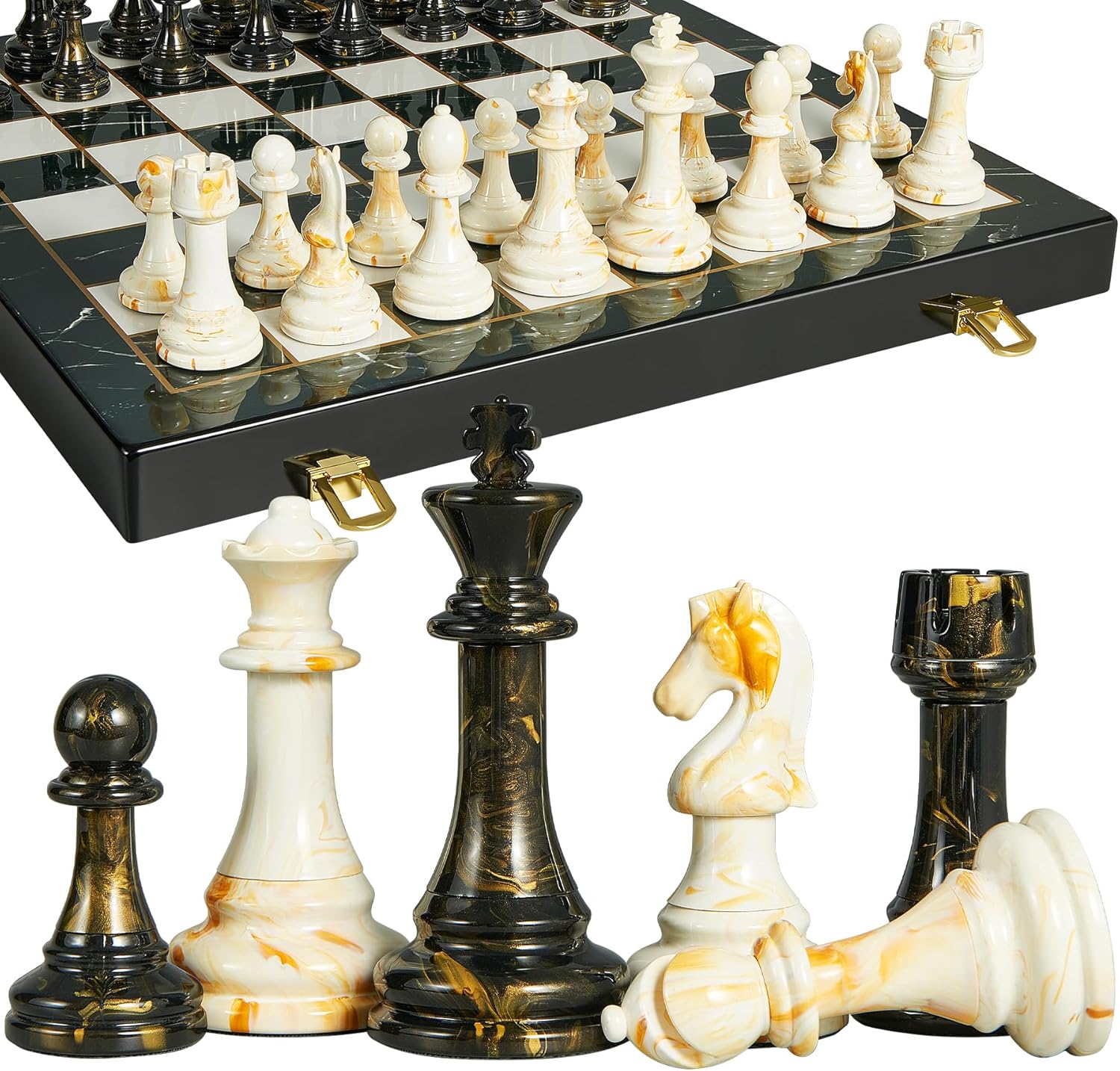 15" Large Chess Set for Adults- Weighted Acrylic Pieces Including Extra 2 Queens, 3.5" King w/Leather Base, Portable Folding Marbling Wooden Chess Board - Travel/Family Game & Elegant Gift