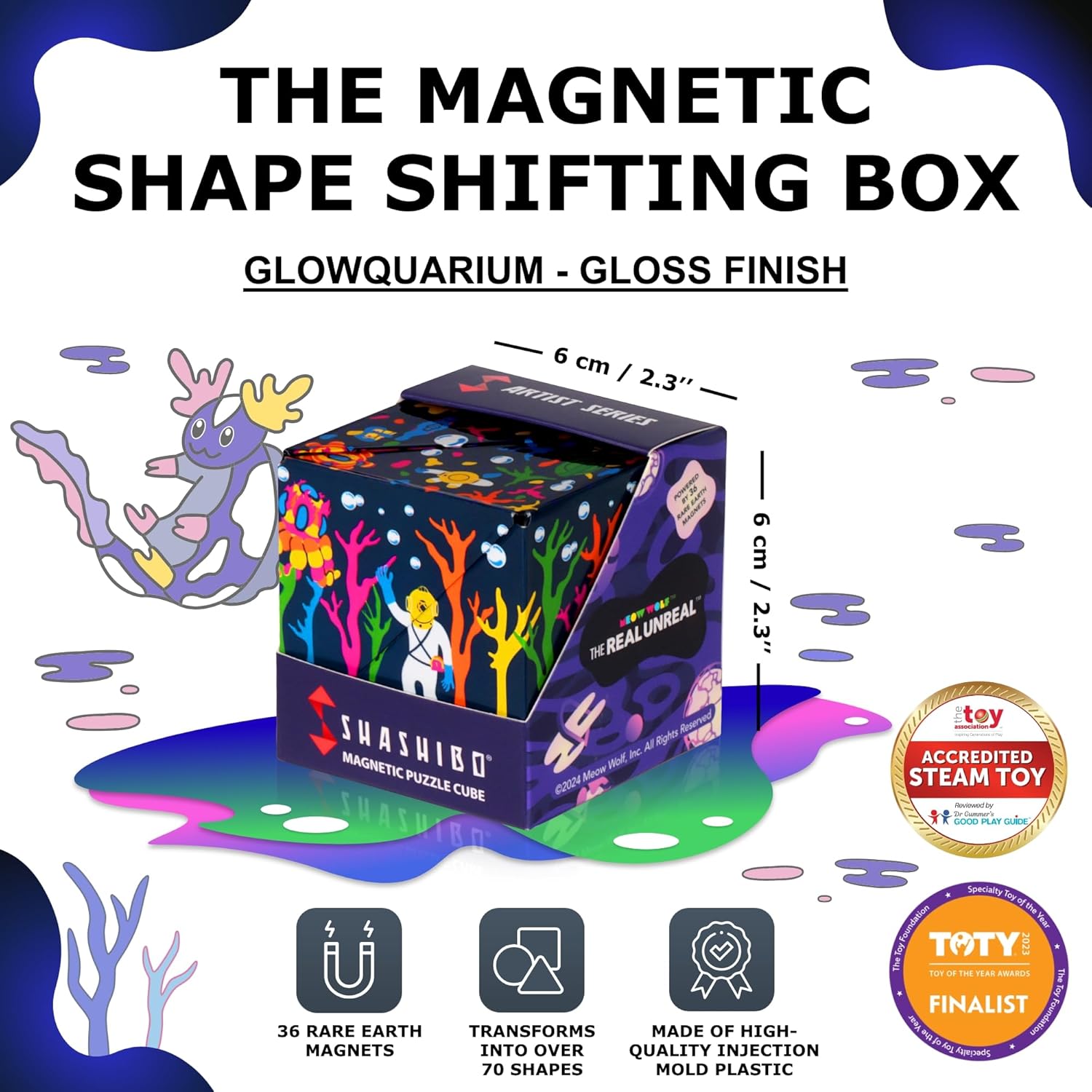 SHASHIBO Shape Shifting Box - Award-Winning Fidget Toy w/ 36 Rare Earth Magnets - Fidget Cube Transforms Into Over 70 Shapes, Sensory Toy Gift for Kids, Teens, and Adults (Glowquarium)