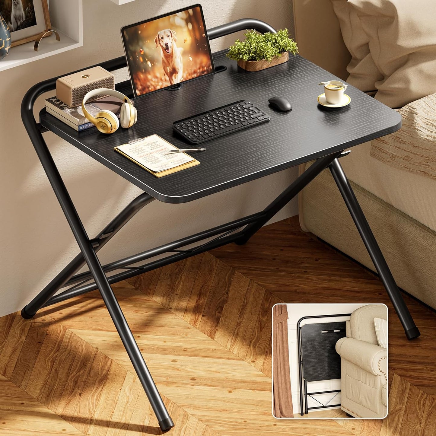 Huuger Folding Desk with 3-Level Adjustable Height and Tablet Slot, 24 Inch Foldable Computer Desk for Small Spaces, Space Saving, Study Writing Work Table for Home Office, Bedroom, Study, Black