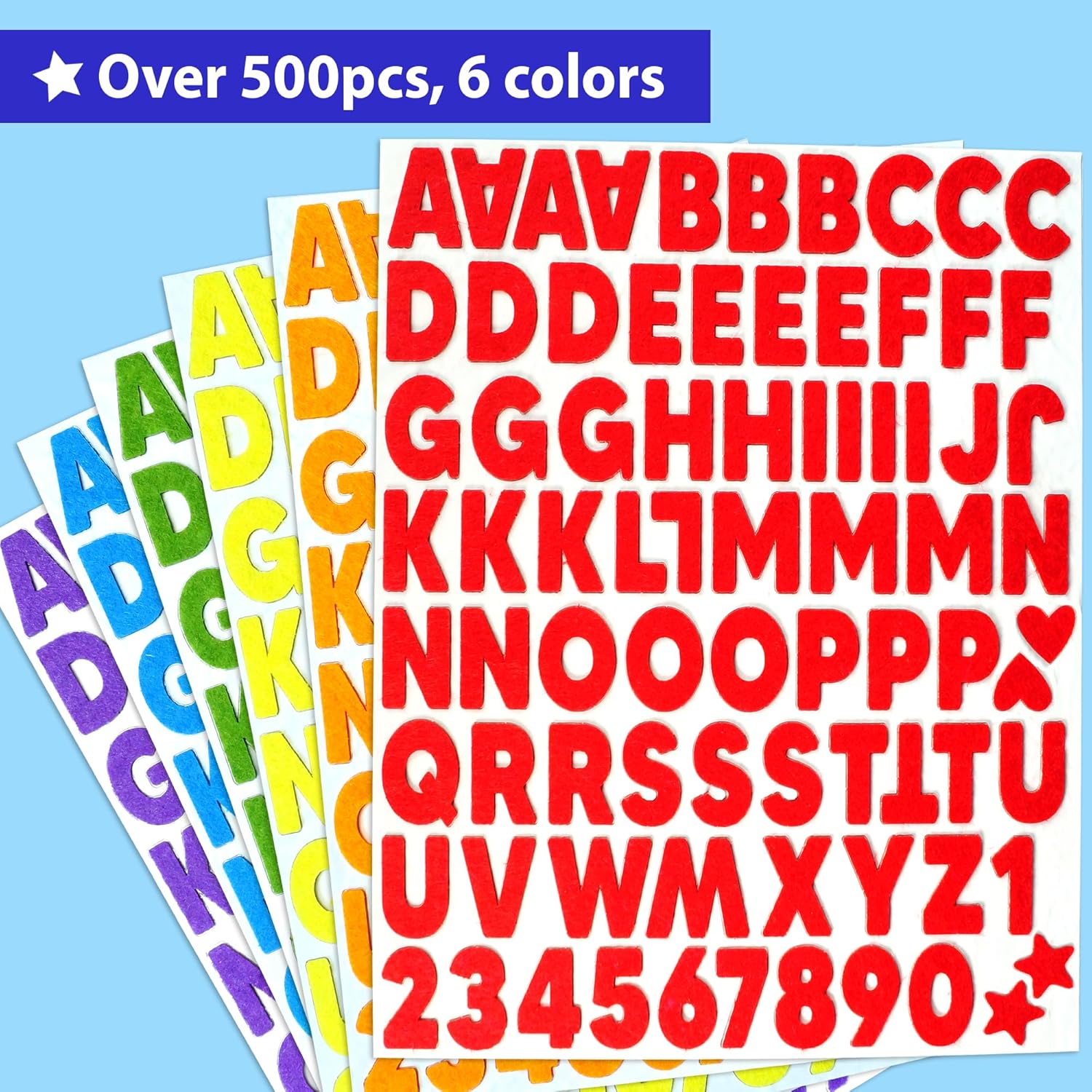 KRAFUN Felt Sticker Kit for Beginner Toddlers, Kids Arts & Crafts, Pack of 500 Assorted Scrapbook Stickers Alphabets, Numbers, Fun Shapes, Preschool, Children Early Learning, self Adhesive