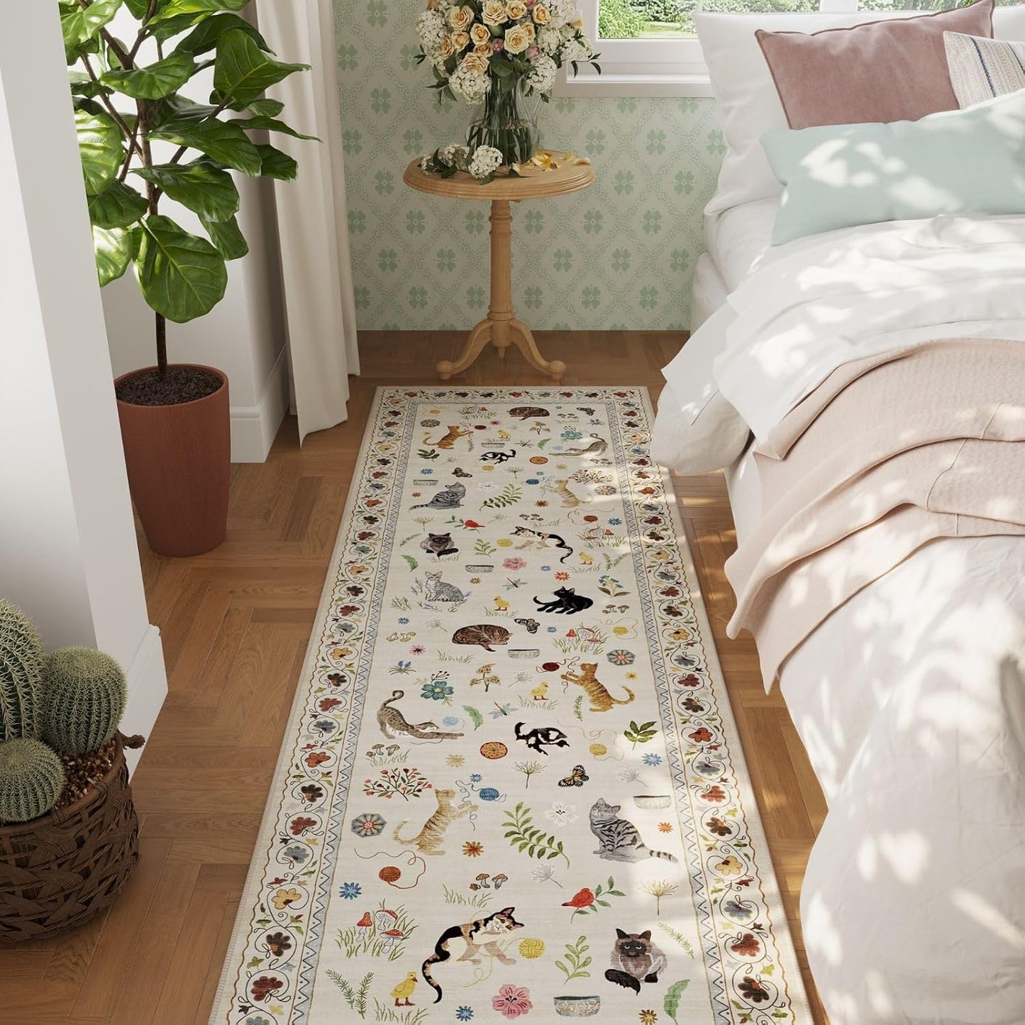 Rugcomf Runner Rug for Kitchen Non Slip 2'6''x8' Washable Rugs with Rubber Backing Soft Floral Animal Cat Carpet Runner for Kitchen Laundry Bedroom Bathroom, Beige