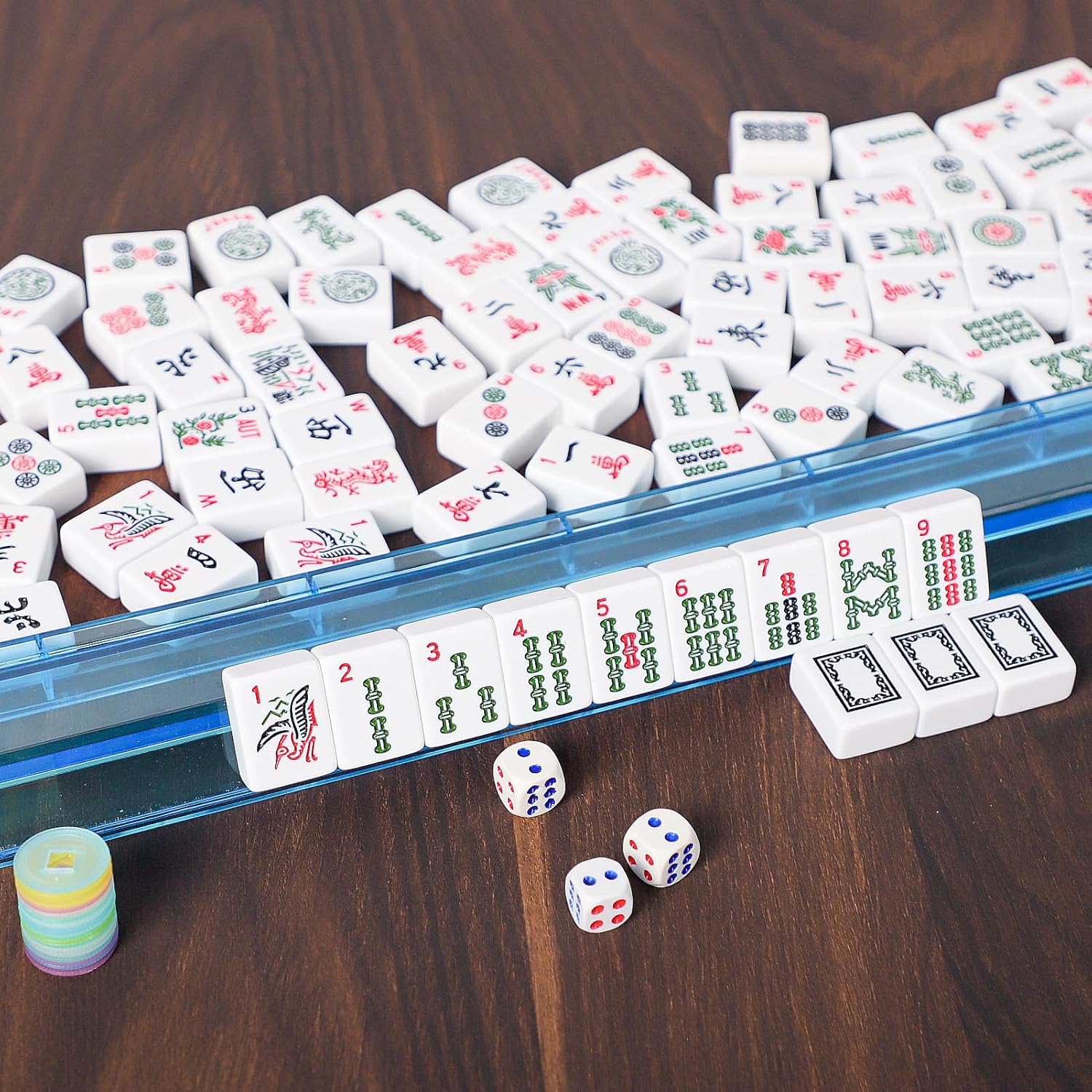 ZGME American Mahjong Set,166 White Tiles with Brown Rectangular Bag and Accessories,4 All-in-One Mahjong Racks with Pushers