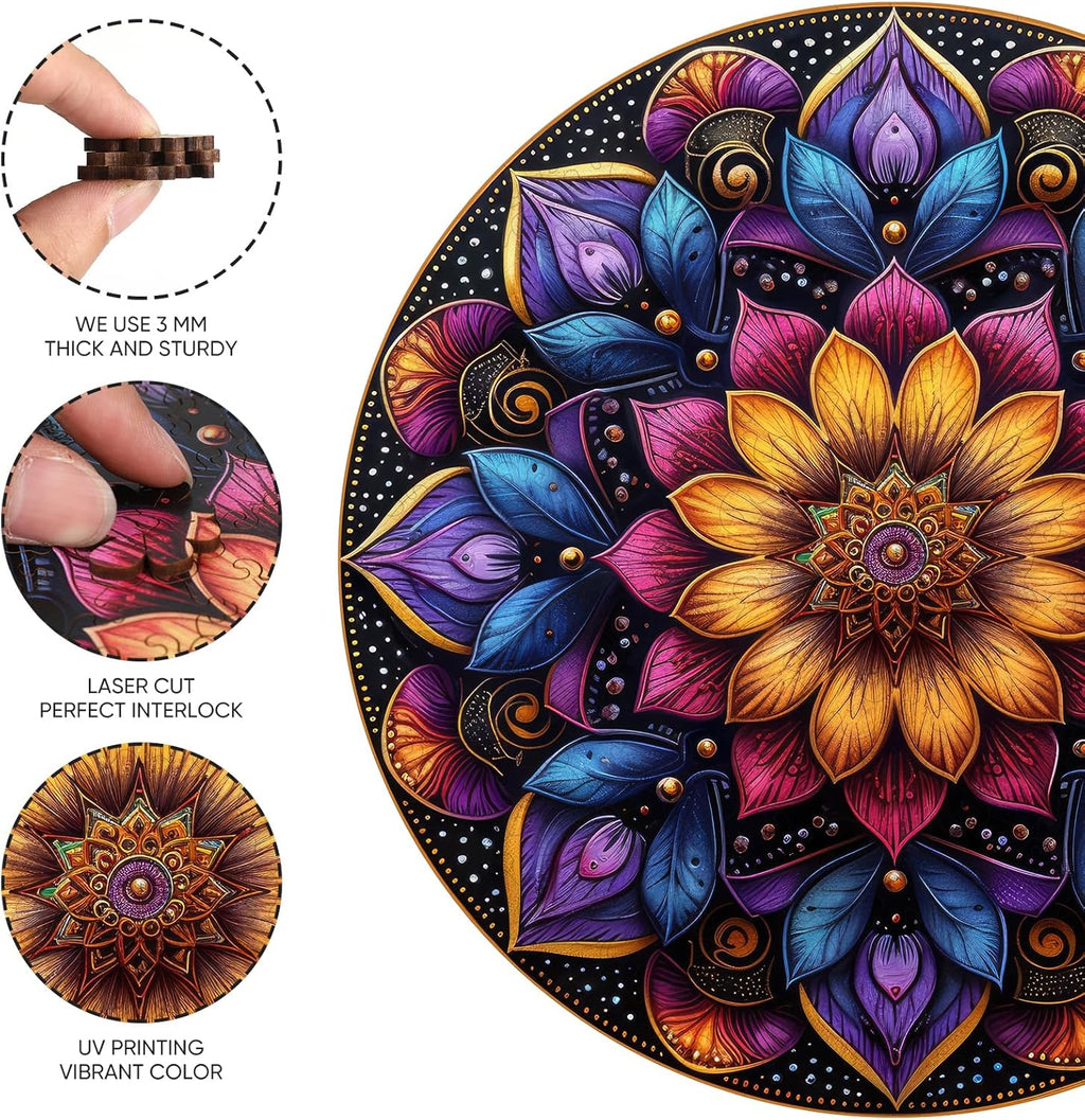 Wooden Puzzles for Adults, Mandala Jigsaw Puzzles 200 Piece, Unique Shapes Family Reunion Puzzle, Exquisite Packaging, Best Gift for Adults and Kids, Family Game, 11.2x11.2 in