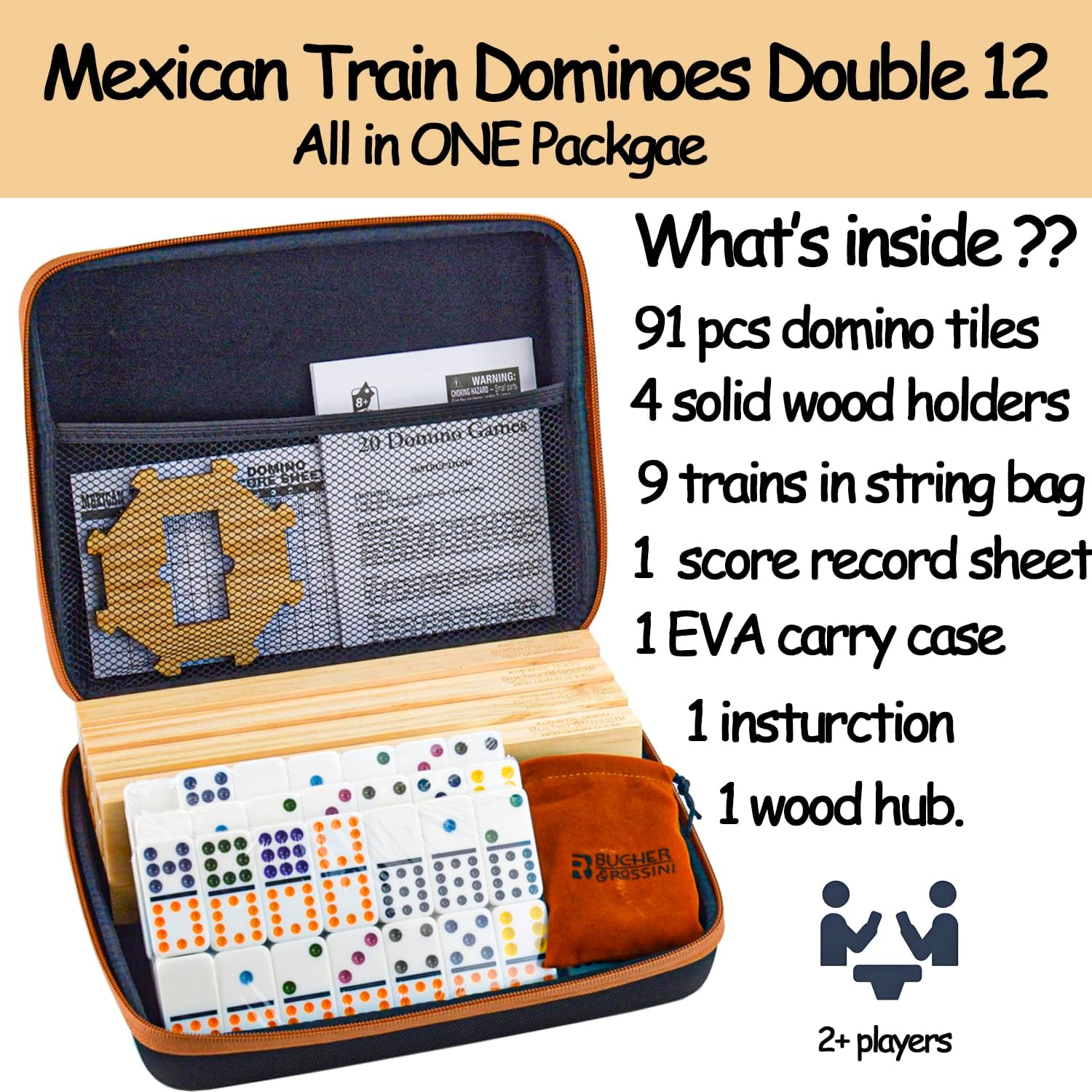 Bucher&Rossini Dominoes Set Double 12 with 4 Racks for Adults Kids, Mexican Train Dominoes Set Double 12, Mexican Train Dominoes (Double 12)