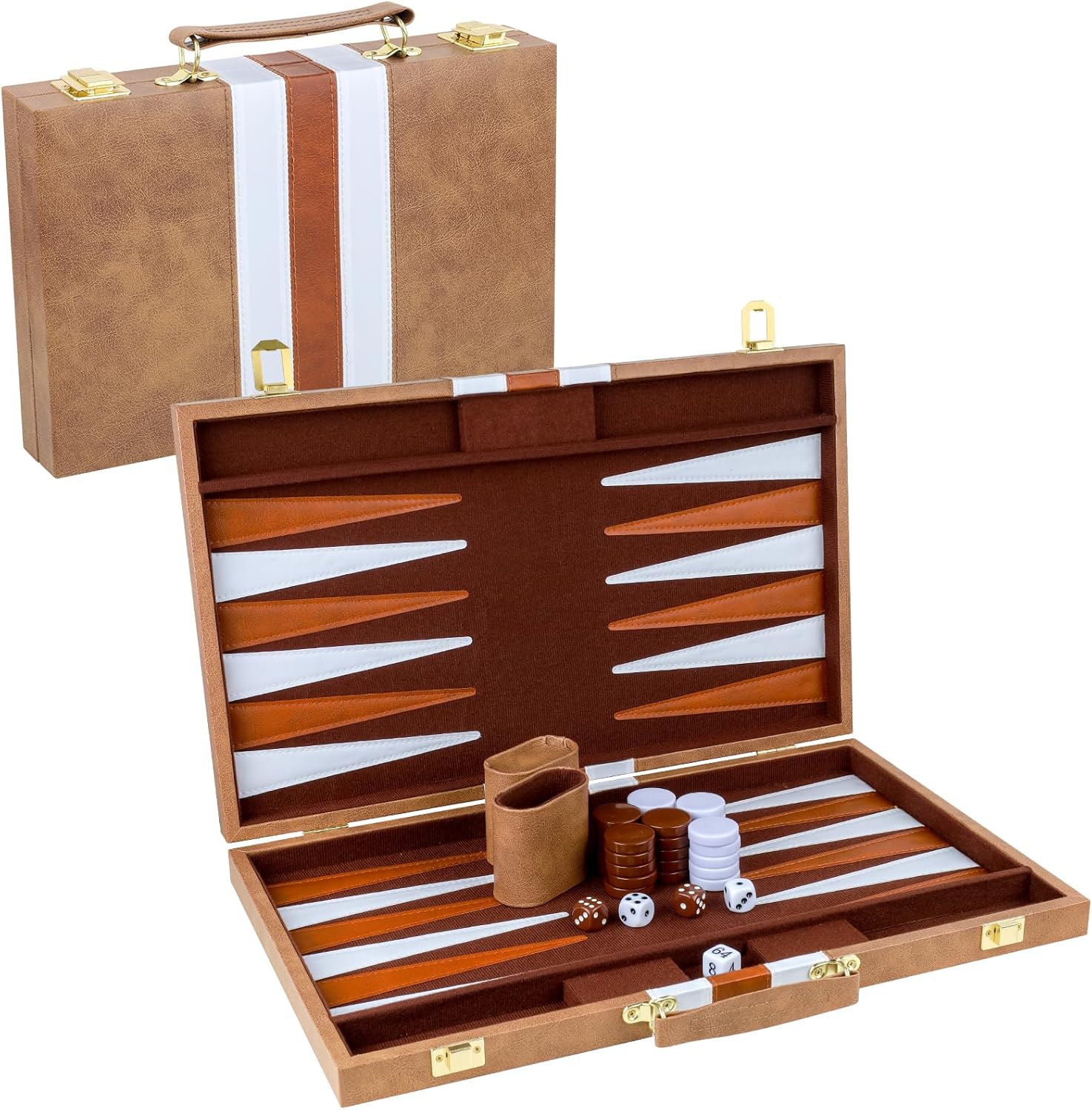 Backgammon Set 2 Players Classic Backgammon Sets for Adults Board Game with PU Leather Case Portable and Travel Backgammon Set (Retro Brown, 18inch)