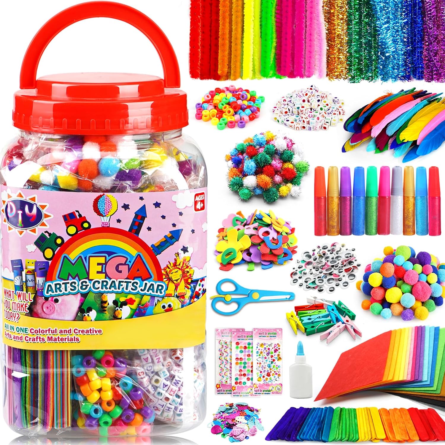 FUNZBO Arts and Crafts Supplies for Kids -Kids Craft Kit with Pipe Cleaners, Popsicle Sticks, Pompoms & Stickers, All in One Homeschool Supplies, Toys Crafts for Girls Boys Age 4+