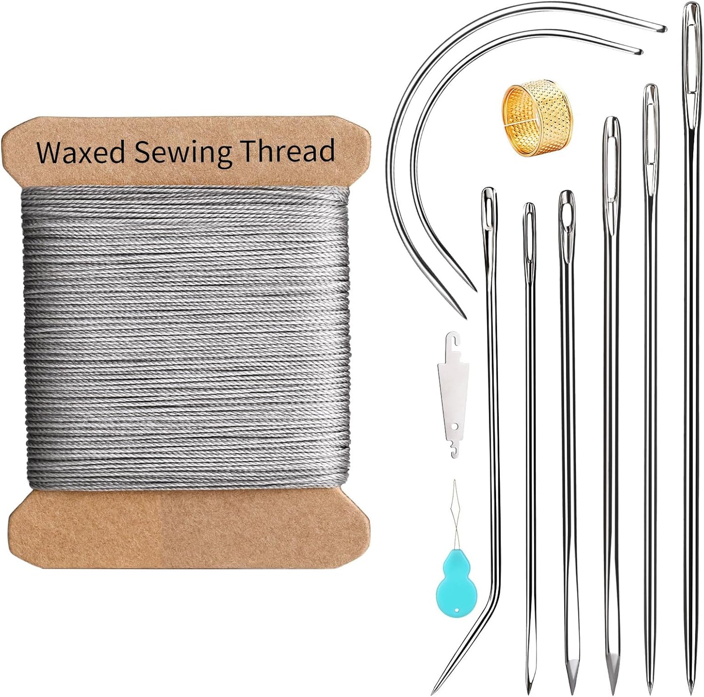 Repair Sewing Kit, Upholstery Needle and Thread Kit with 32 Yard Waxed Thread and 8 Pcs Heavy Duty Leather Needles for Hand Stitching, Canvas & Quilting - 0.55mm Round Waxed Cord Gray