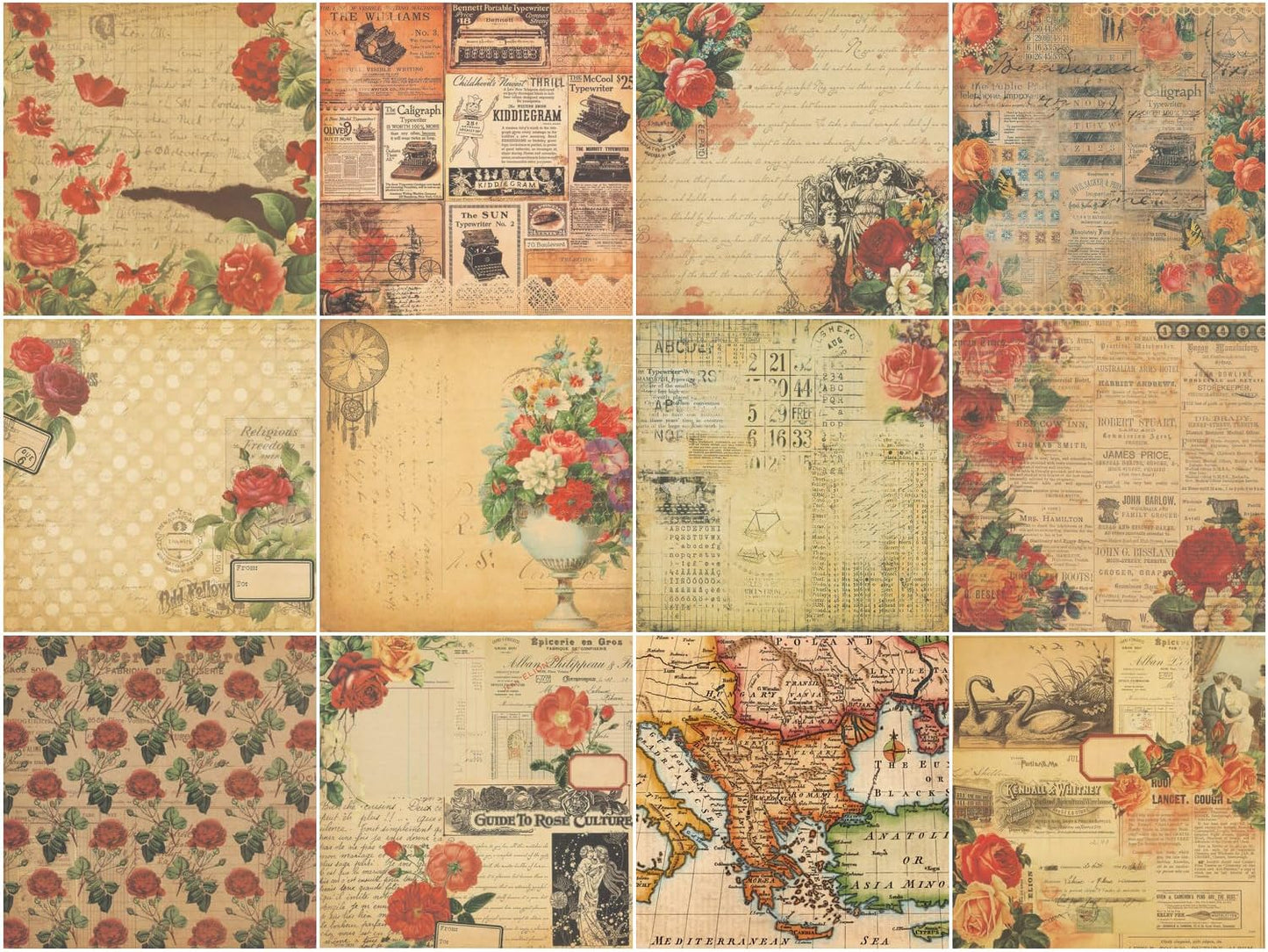 Vintage Scrapbook Paper 12 ×12 - 24Sheets Double-Sided Retro Rose Patterned Paper Junk Journaling Scrapbooking CardStock Papers Pad for Cardmaking DIY Origami Craft Papers.