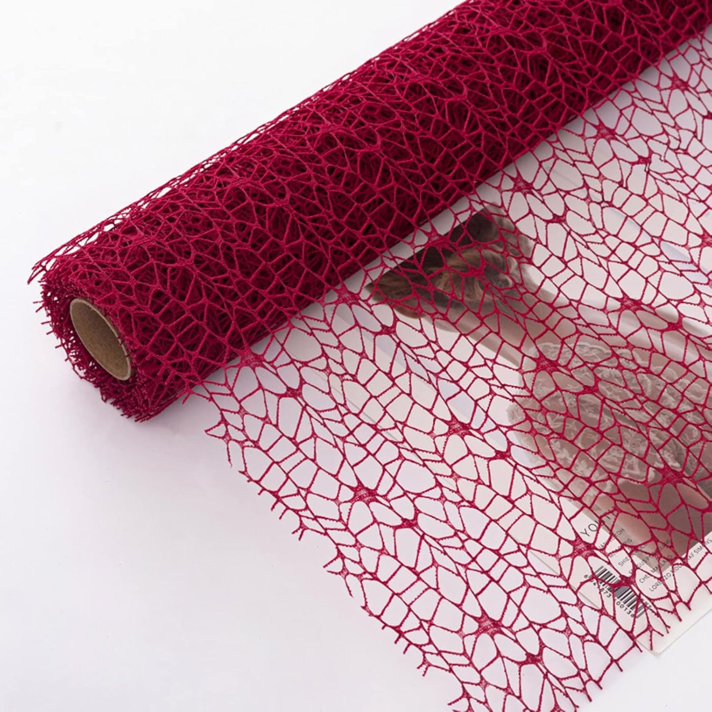 Korean Jacquard Net Mesh Openwork Floral Wrapping Paper 1 Roll Florist Supplies Flower Bouquet Wrapping Paper Floral Supplies for Fresh Flowers, 50cm x 5 Yard (Red Wine)