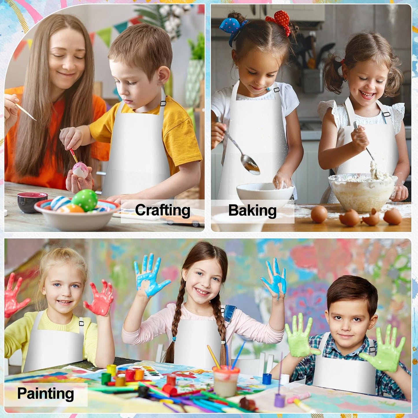 PLULON 4 Pcs Kids Apron Adjustable White Chef Apron with 2 Pockets Painting Aprons for Kids Cooking Baking Crafts (White)