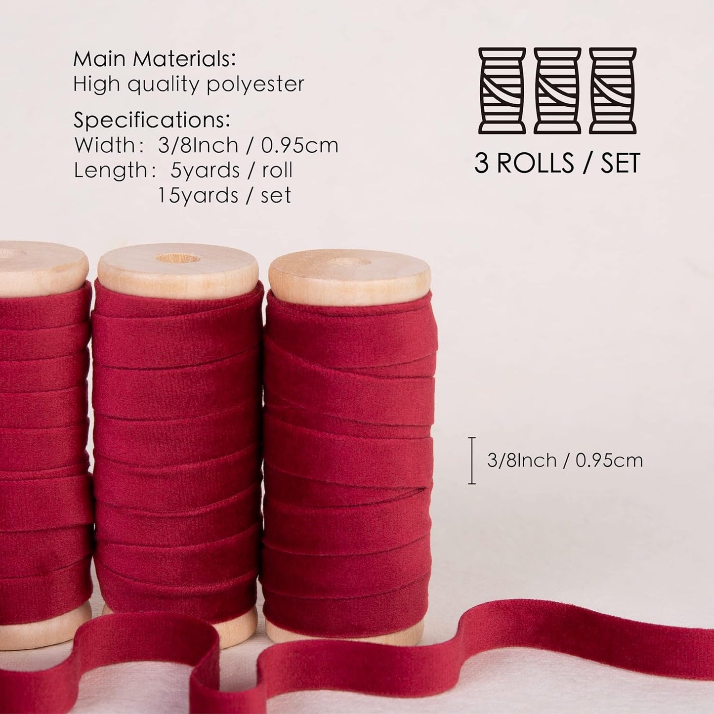 Vitalizart Red Velvet Ribbon Set 3/8" x 15 Yd Burgundy Wooden Spool Fabric Trim 3 Rolls * 5 Yd for Christmas Wreath Decoration Handmade Craft Ornaments Gift Wrapping & Bow Making