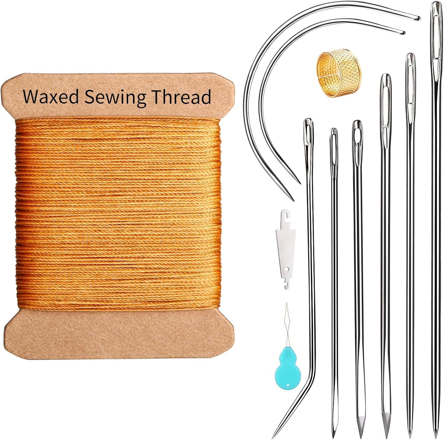 Repair Sewing Kit, Upholstery Needle and Thread Kit with 32 Yard Waxed Thread and 8 Pcs Heavy Duty Leather Needles for Hand Stitching, Canvas & Quilting - 0.55mm Round Waxed Cord Coffee
