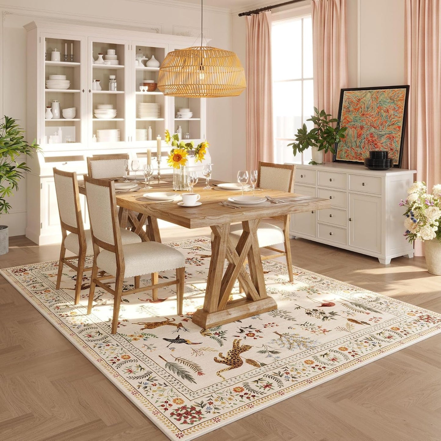 Rugcomf Area Rugs 8x10 Rug for Living Room Clearance Washable Boho Area Rug Non Slip Floral Animal Vintage Low Pile Large Rug for Living Room, Bedroom, Farmhouse, Dining Room, Kids Playroom (Beige)