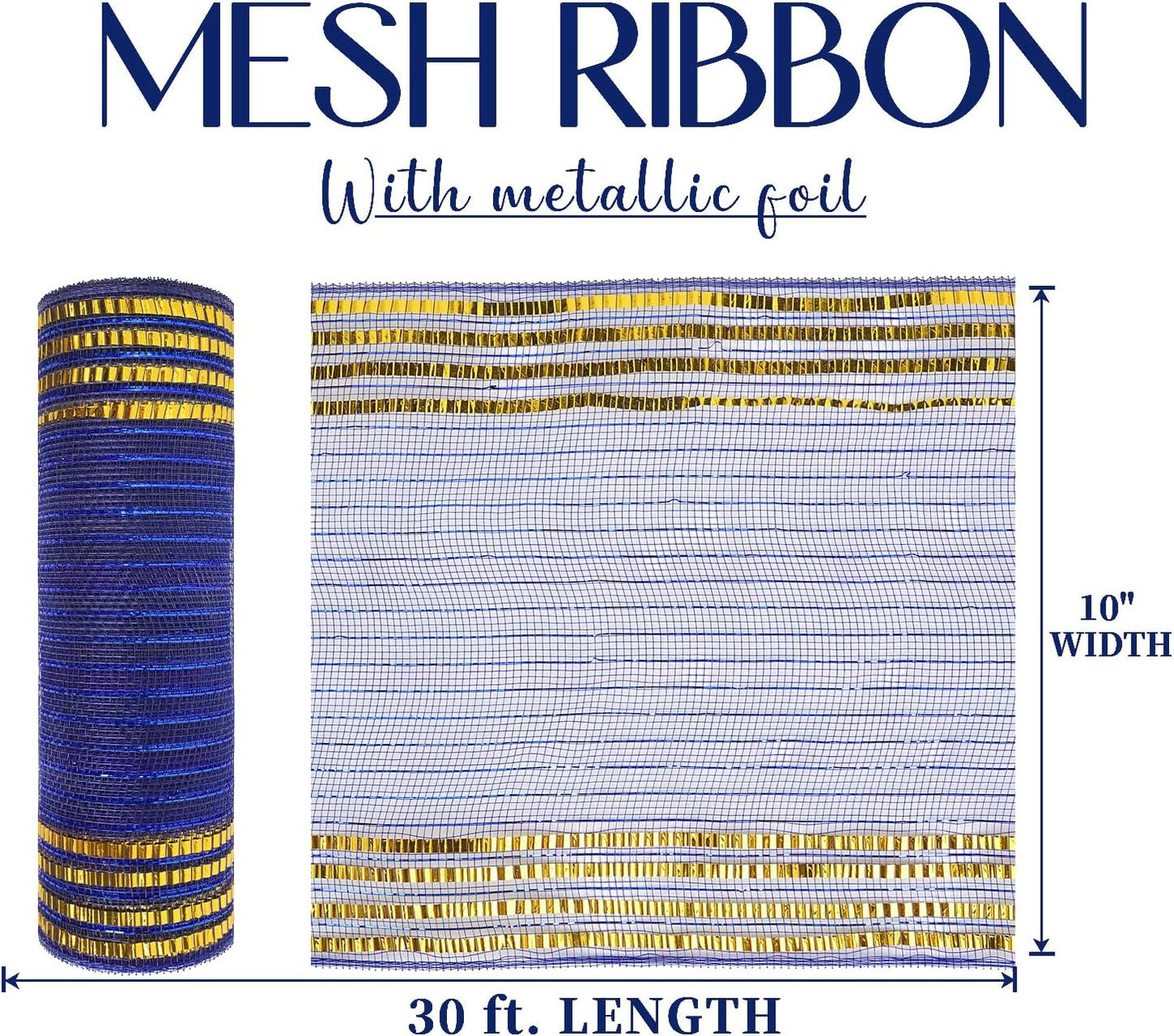 MEEDEE Navy Deco Mesh 10 Inch Deluxe Wide Foil Gold Border Mesh Metallic Mesh Fabric Navy Blue & Gold Mesh Ribbon for Christmas Tree, Wreaths, Garland, Gift Wrapping, Bows Making (30 Feet)