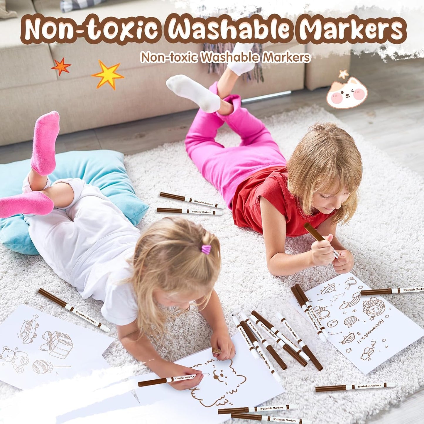 18 Pcs Line Washable Markers Bulk Brown Fine Tip Markers Set Coloring Thin Tip Drawing Washable Pen for Kids Toddler Teacher Art School Classroom Back to School Gender Reveal Party Supplies,Ages 6+